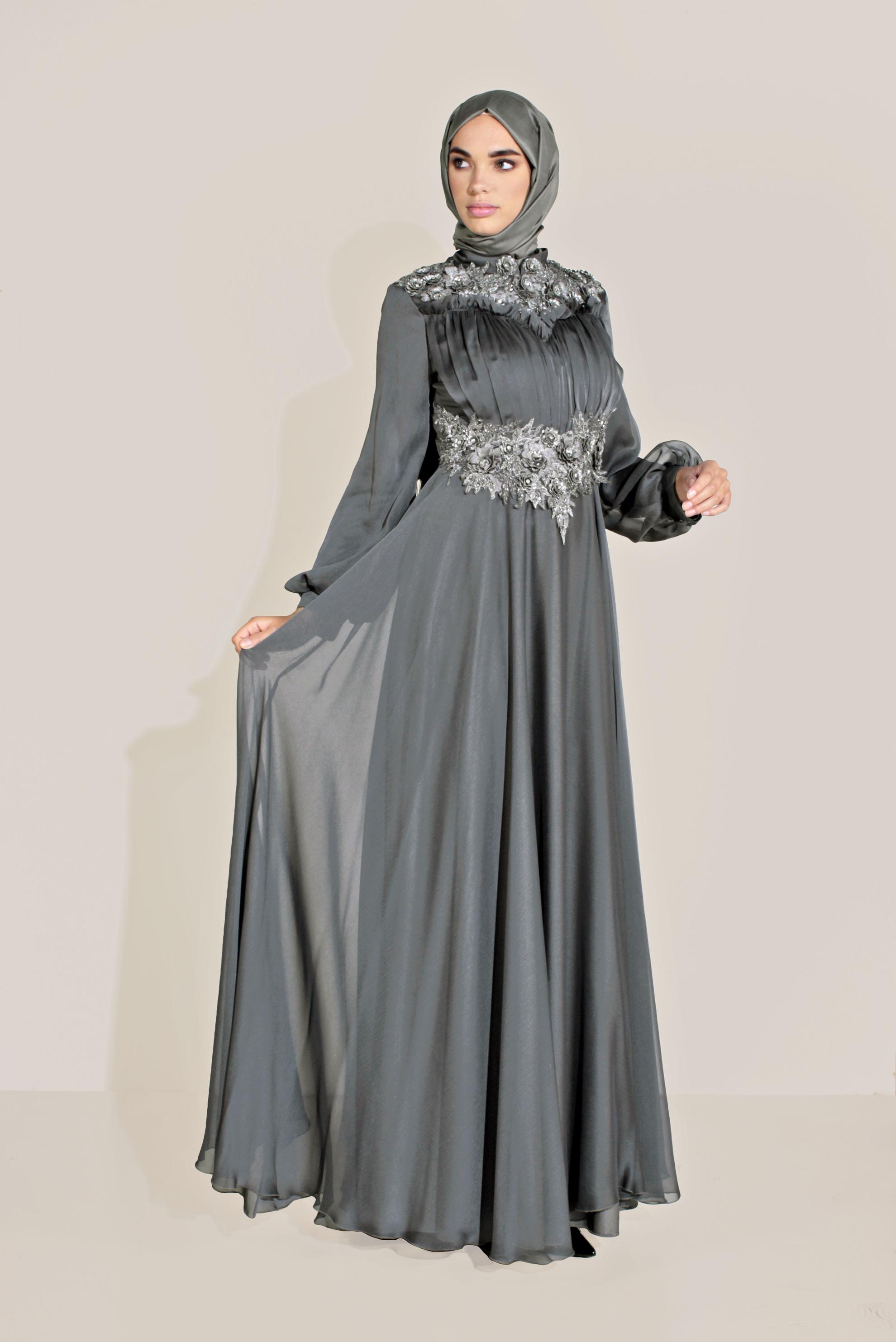 Tesettür giyim GRİ ÇİÇEK İŞLEMELİ BALON KOL ABİYE 50055