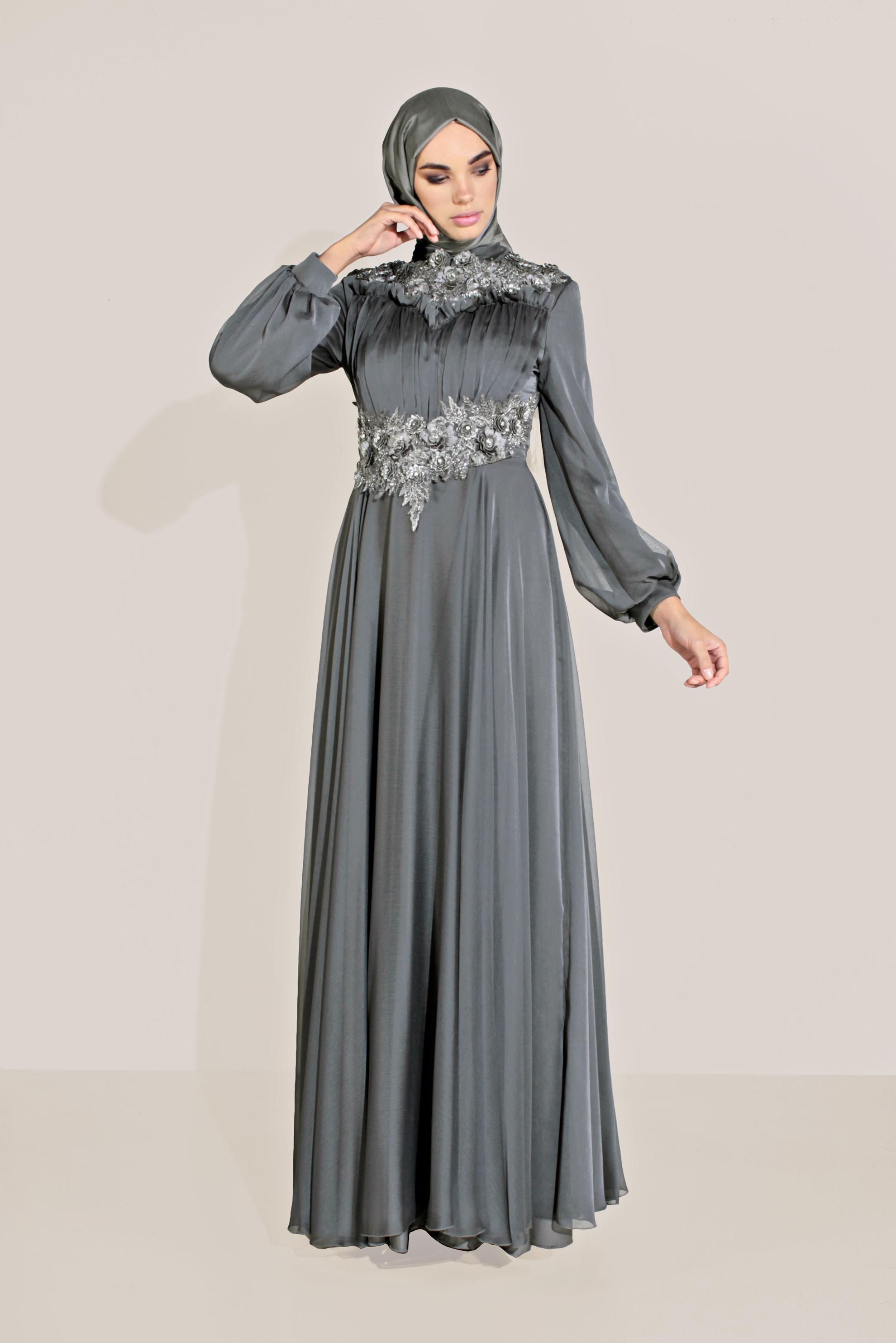 Tesettür giyim GRİ ÇİÇEK İŞLEMELİ BALON KOL ABİYE 50055