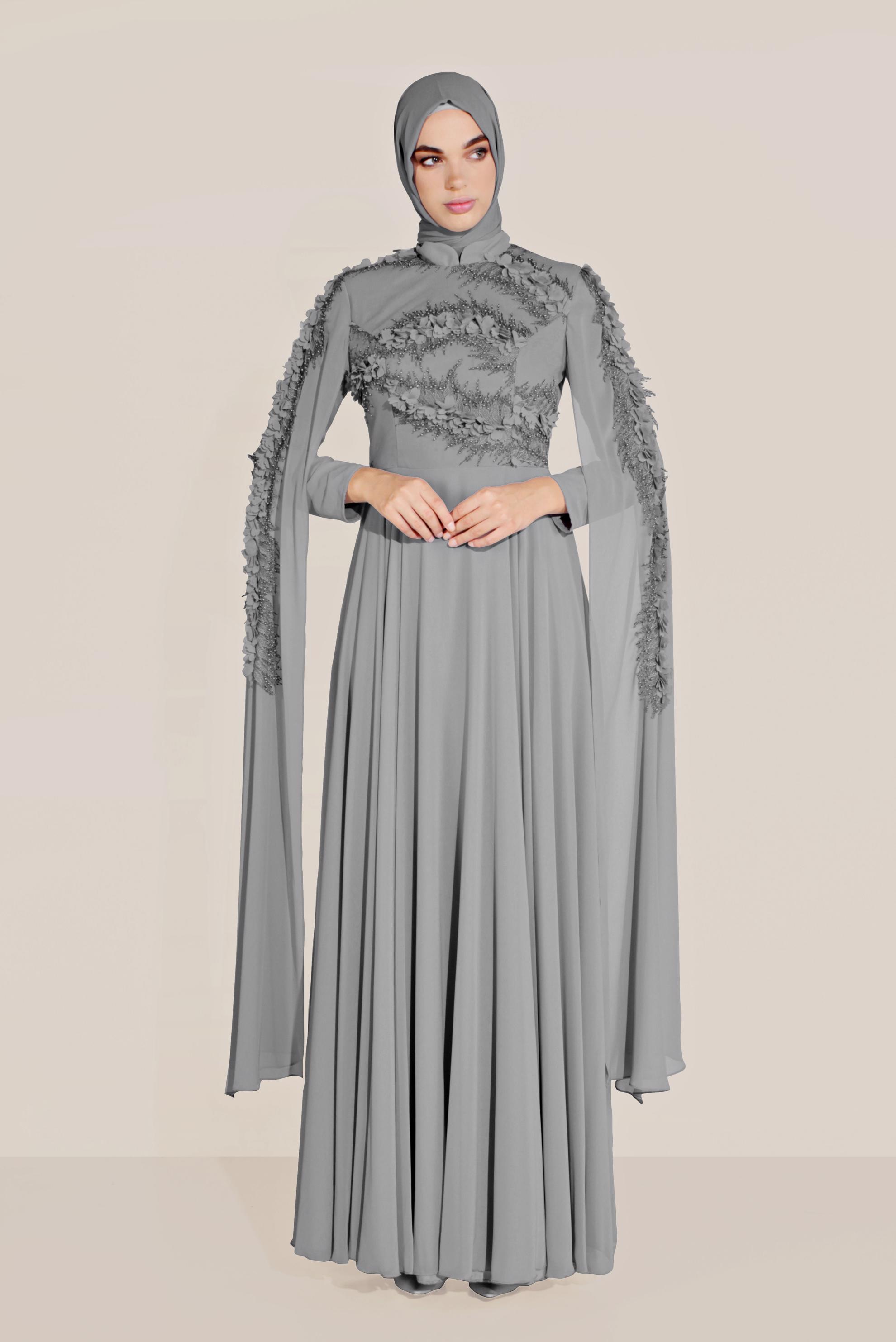 Tesettür giyim GRİ PELERİN KOLLU ÇİÇEK İŞLEMELİ TÜL ABİYE 50056