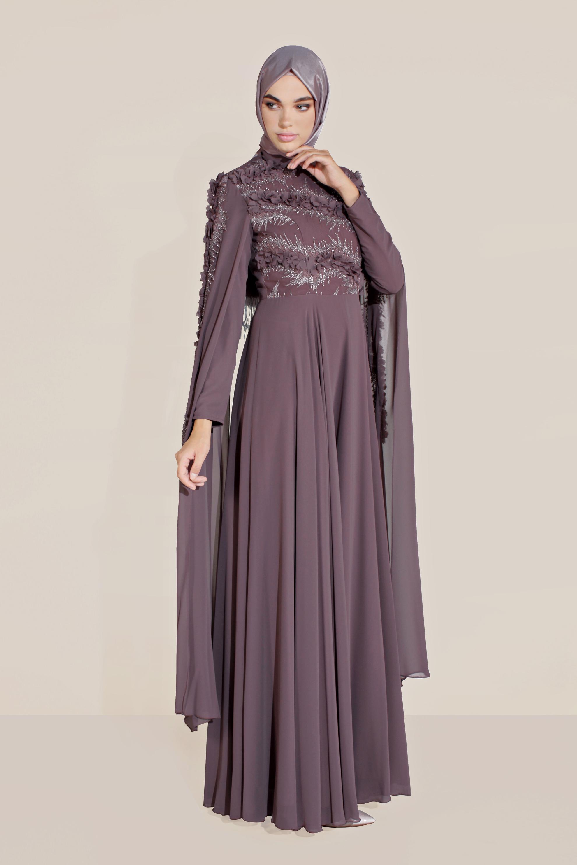 Tesettür giyim PEMBE PELERİN KOLLU ÇİÇEK İŞLEMELİ TÜL ABİYE 50056