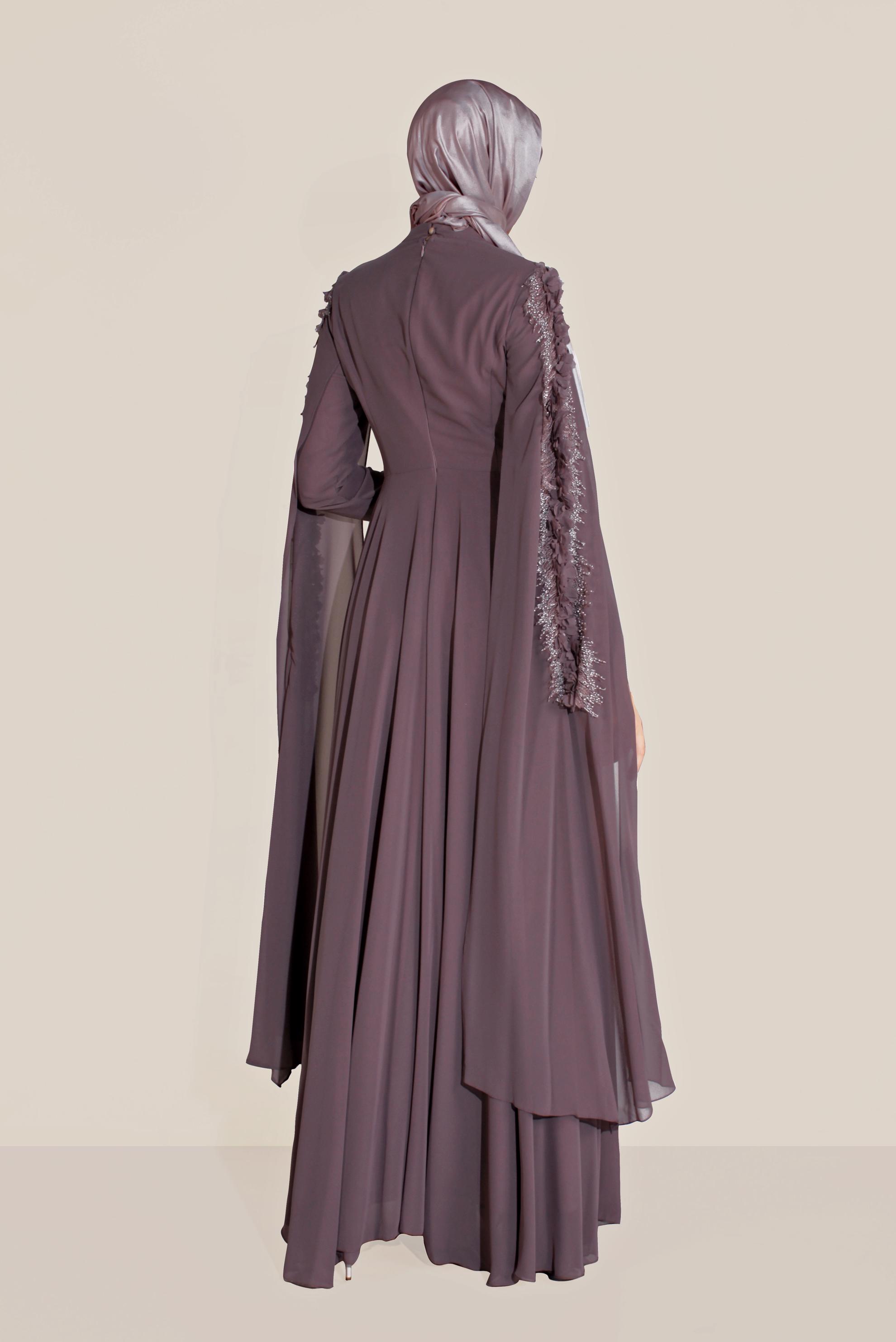 Tesettür giyim PEMBE PELERİN KOLLU ÇİÇEK İŞLEMELİ TÜL ABİYE 50056