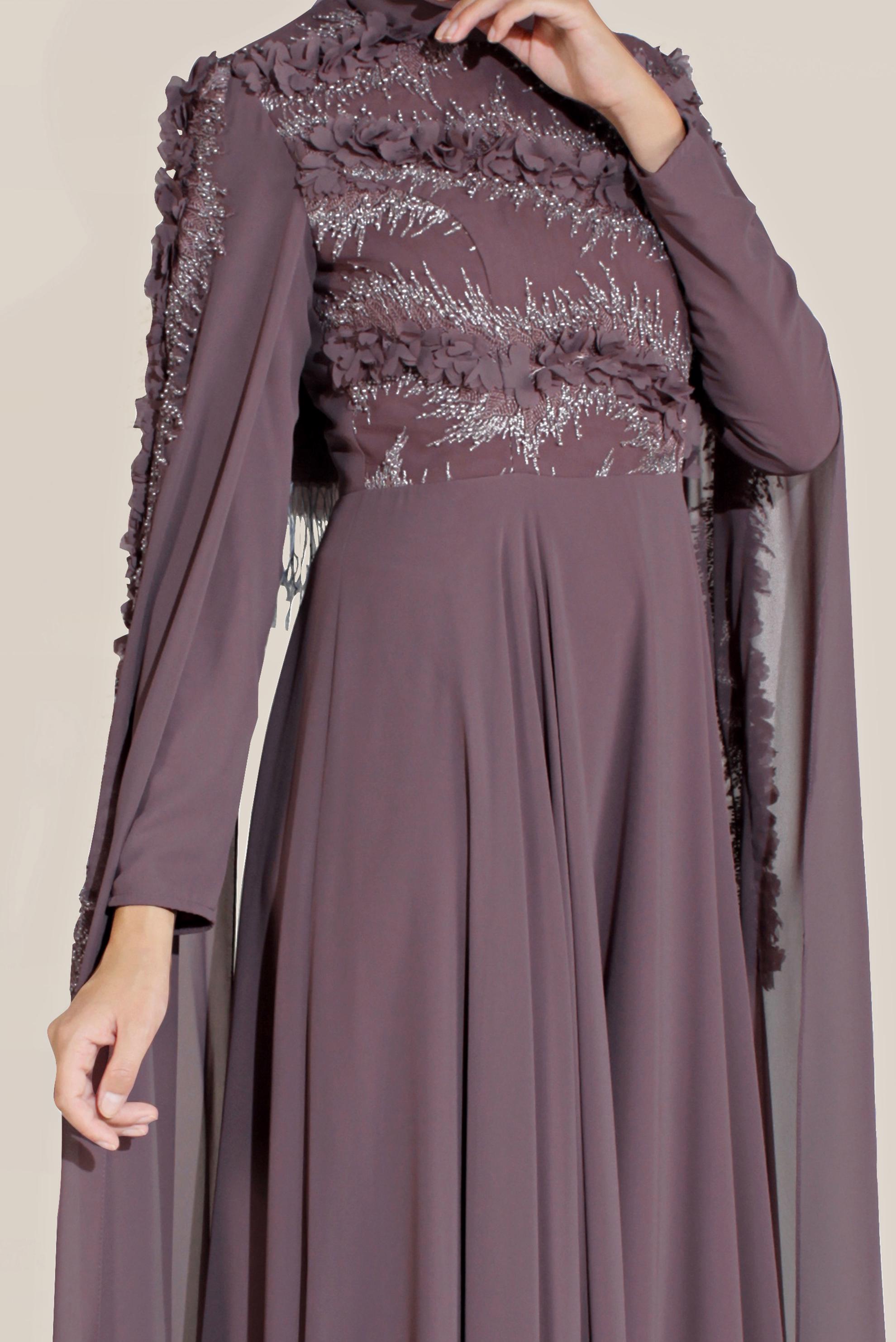 Tesettür giyim PEMBE PELERİN KOLLU ÇİÇEK İŞLEMELİ TÜL ABİYE 50056