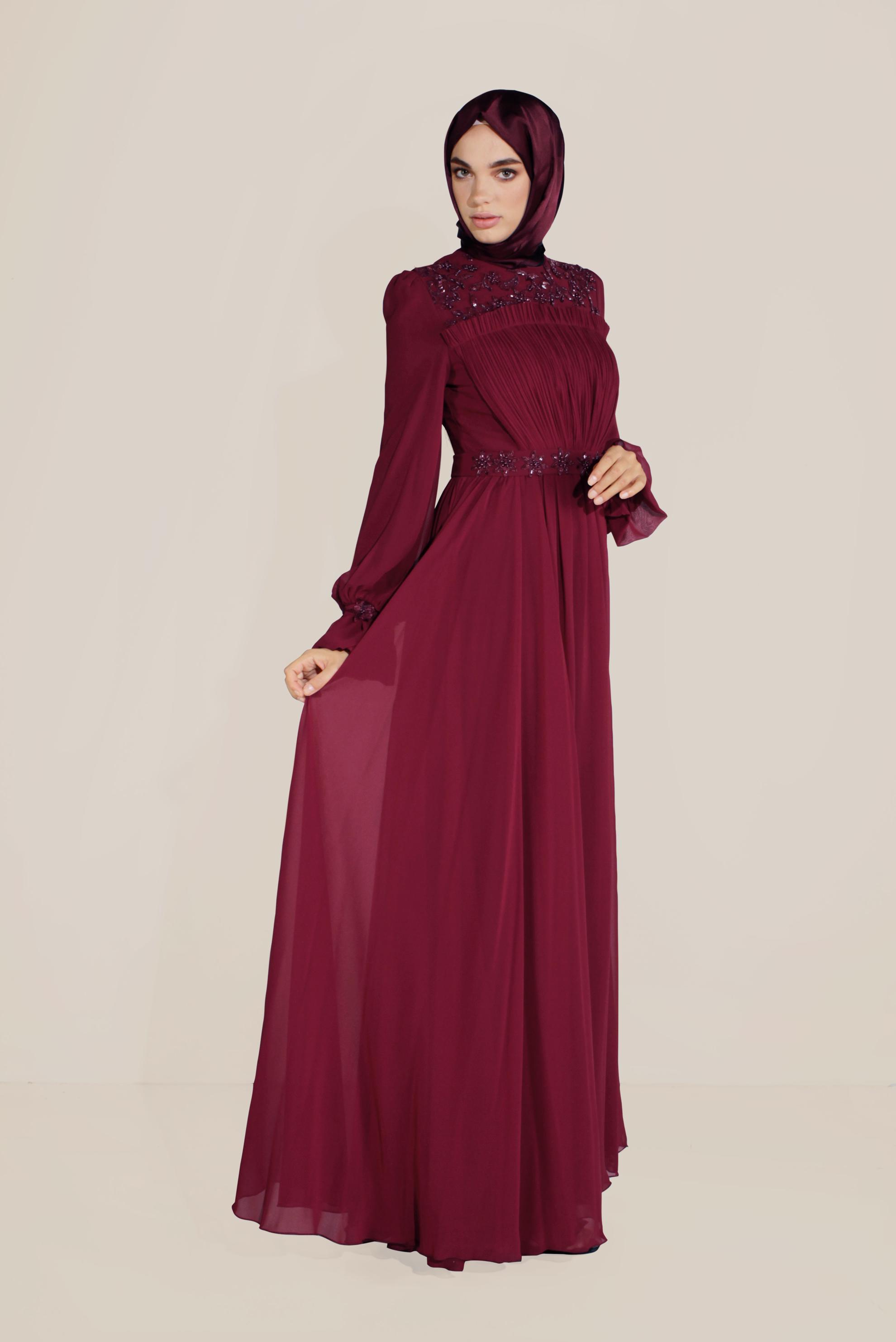 Tesettür giyim BORDO ÖNÜ BÜZGÜLÜ GÜPÜRLÜ ABİYE 50058 