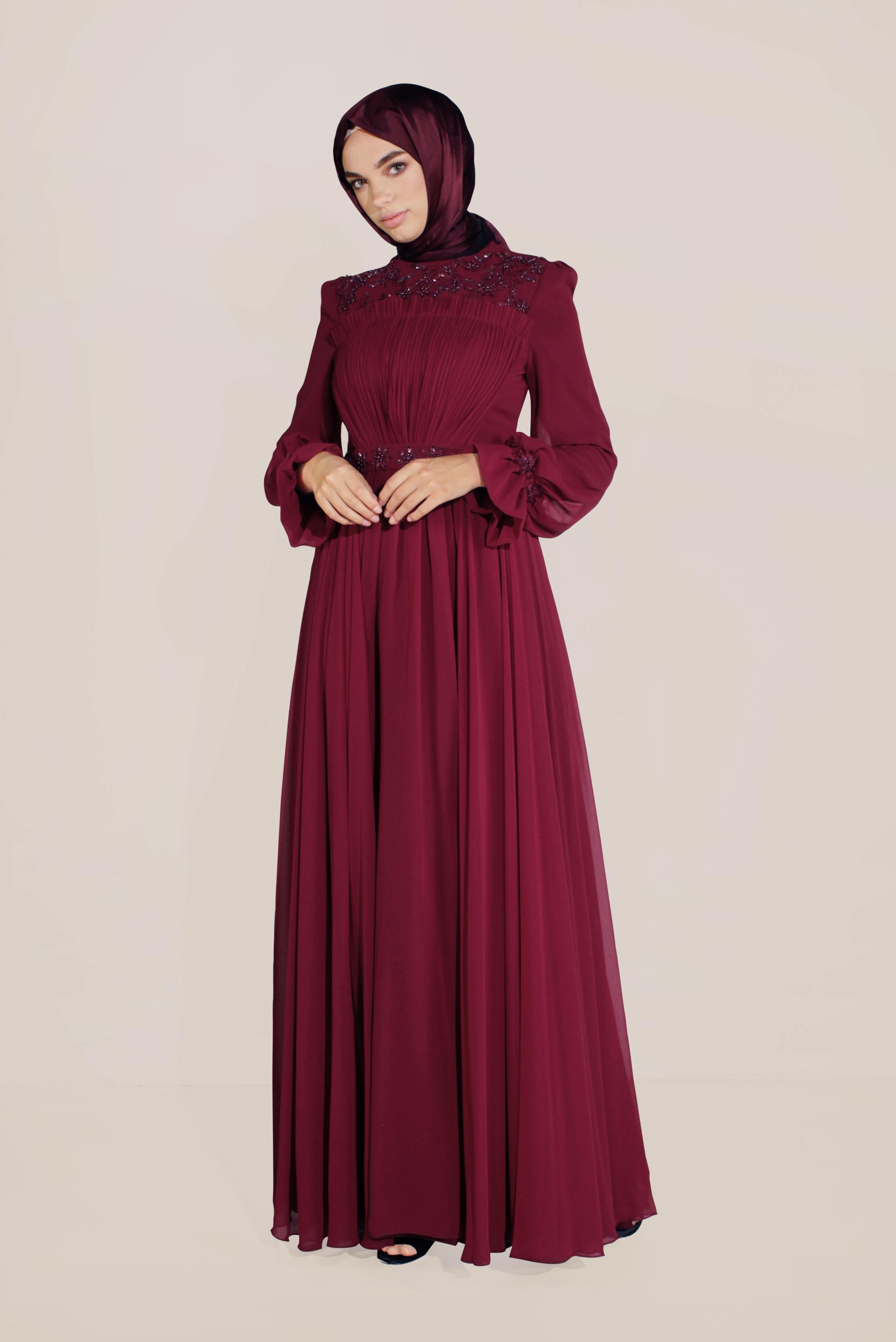 Tesettür giyim BORDO ÖNÜ BÜZGÜLÜ GÜPÜRLÜ ABİYE 50058 