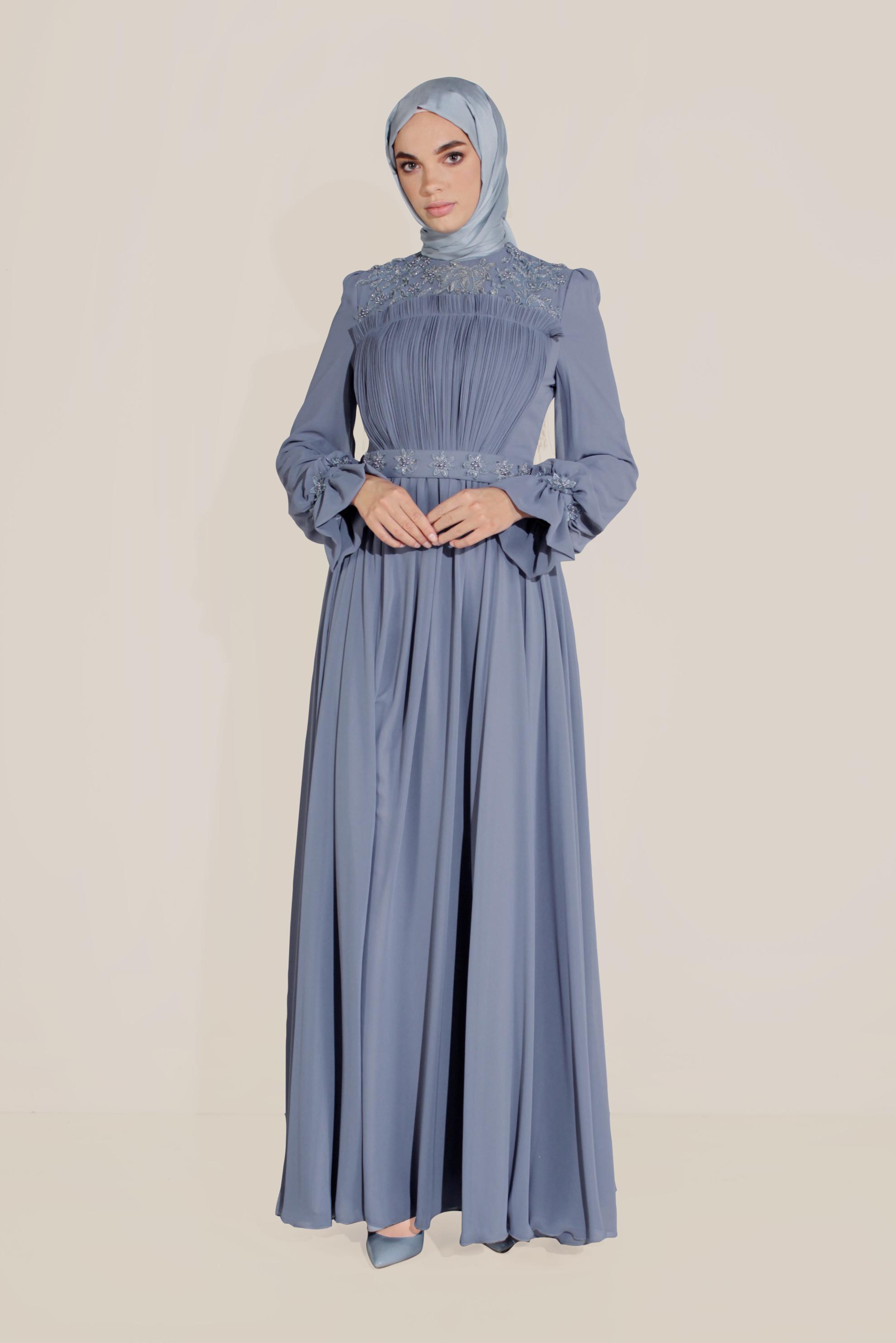 Tesettür giyim MAVİ ÖNÜ BÜZGÜLÜ GÜPÜRLÜ ABİYE 50058 