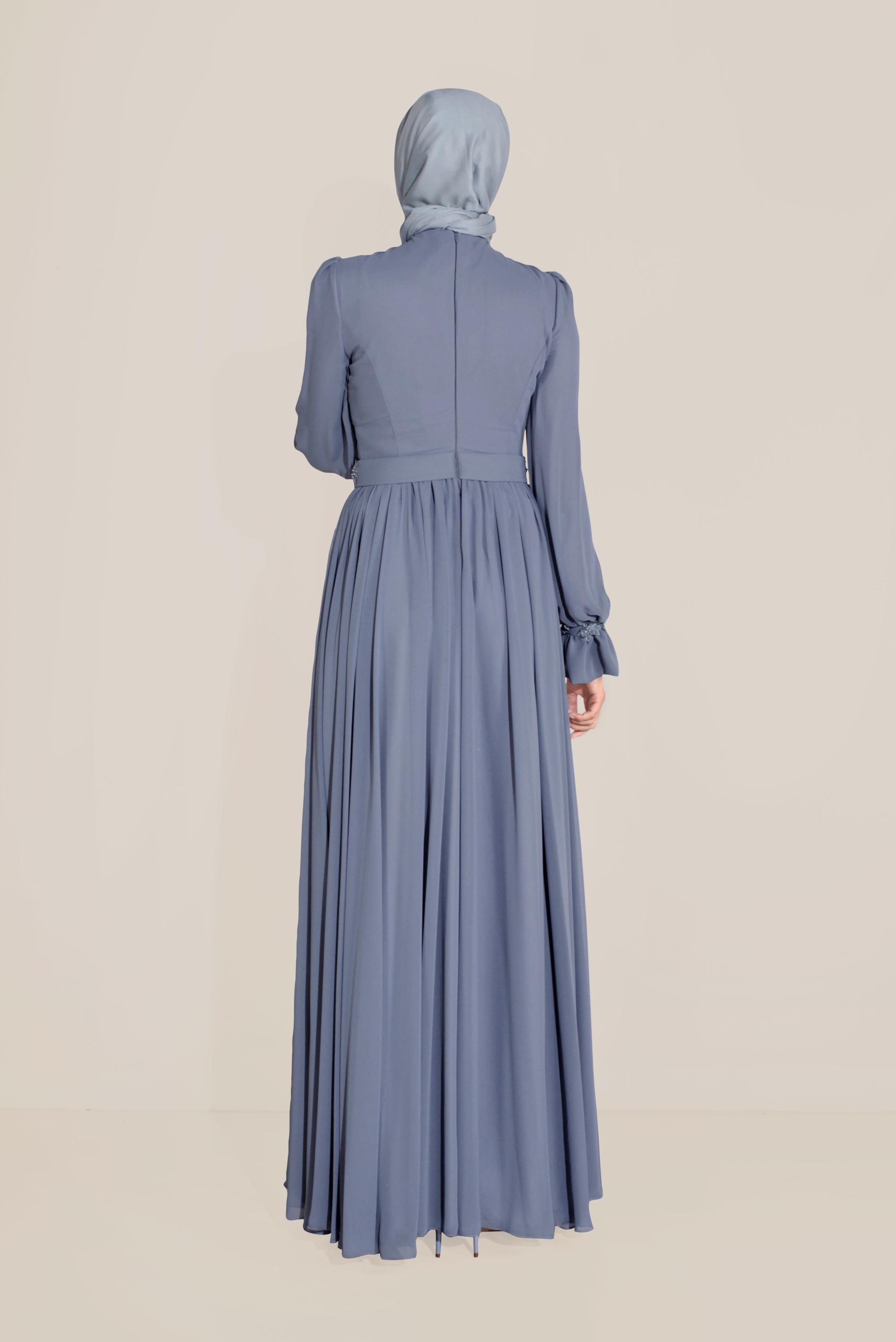 Tesettür giyim MAVİ ÖNÜ BÜZGÜLÜ GÜPÜRLÜ ABİYE 50058 