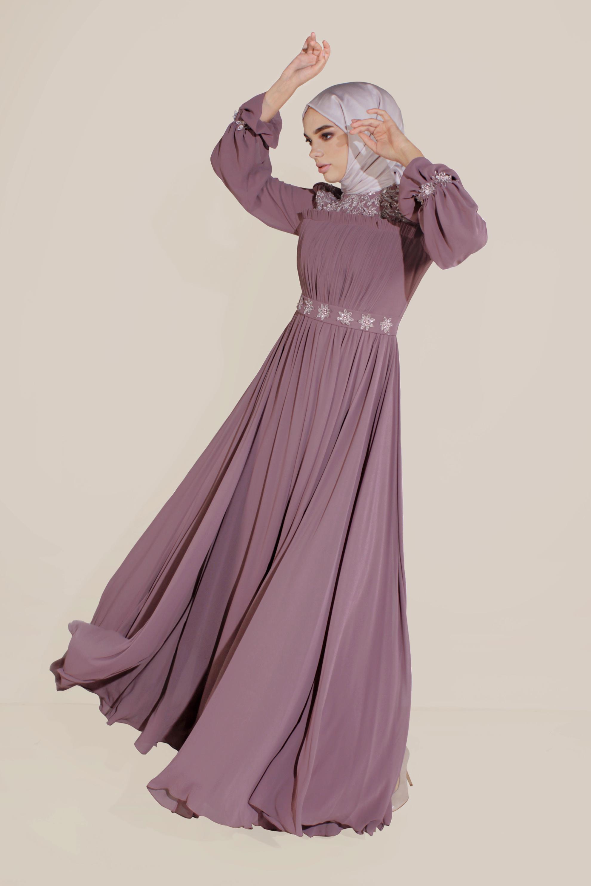 Tesettür giyim PEMBE ÖNÜ BÜZGÜLÜ GÜPÜRLÜ ABİYE 50058 