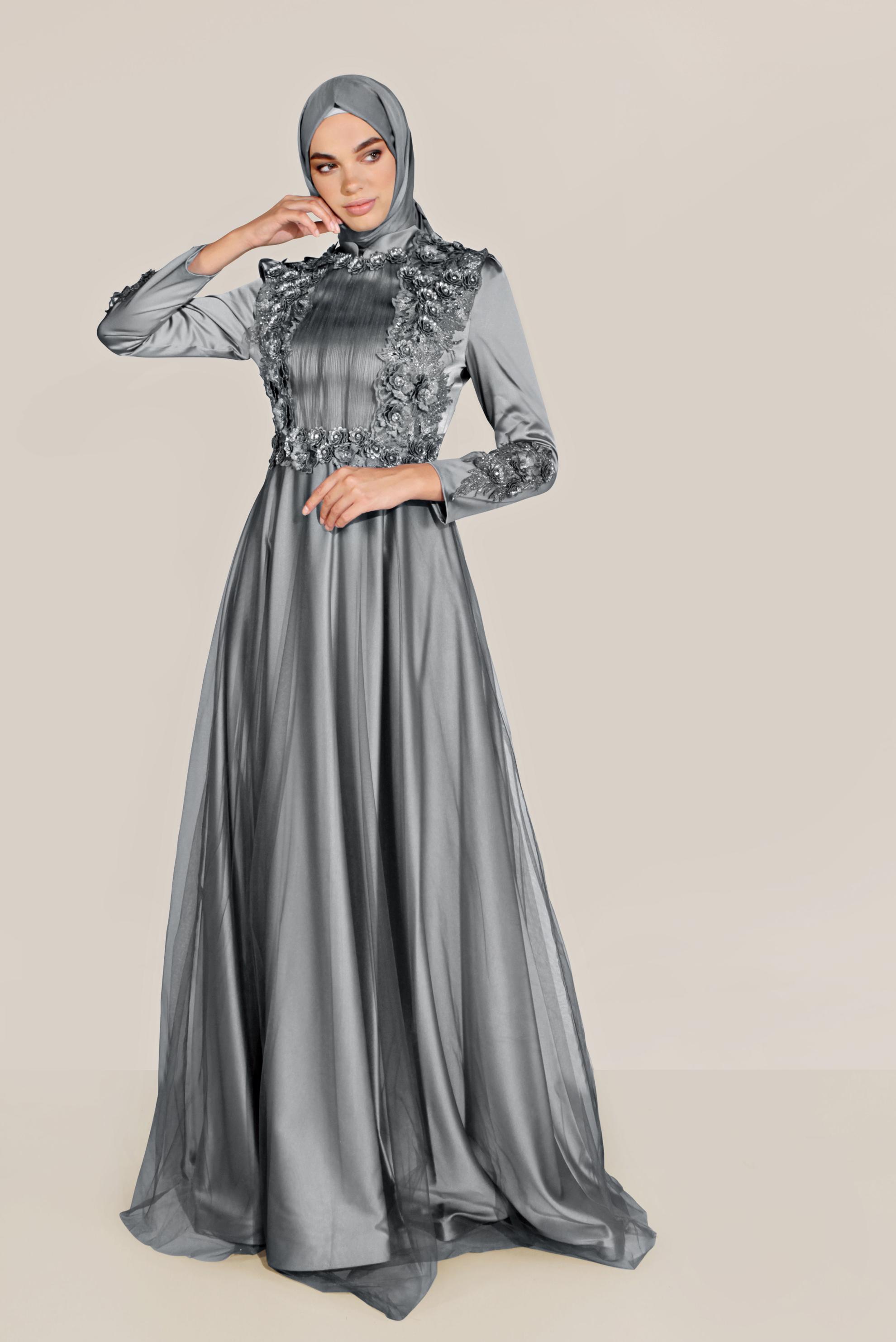 Tesettür giyim GRİ ÇİÇEK İŞLEMELİ TÜL DETAYLI ABİYE 50060