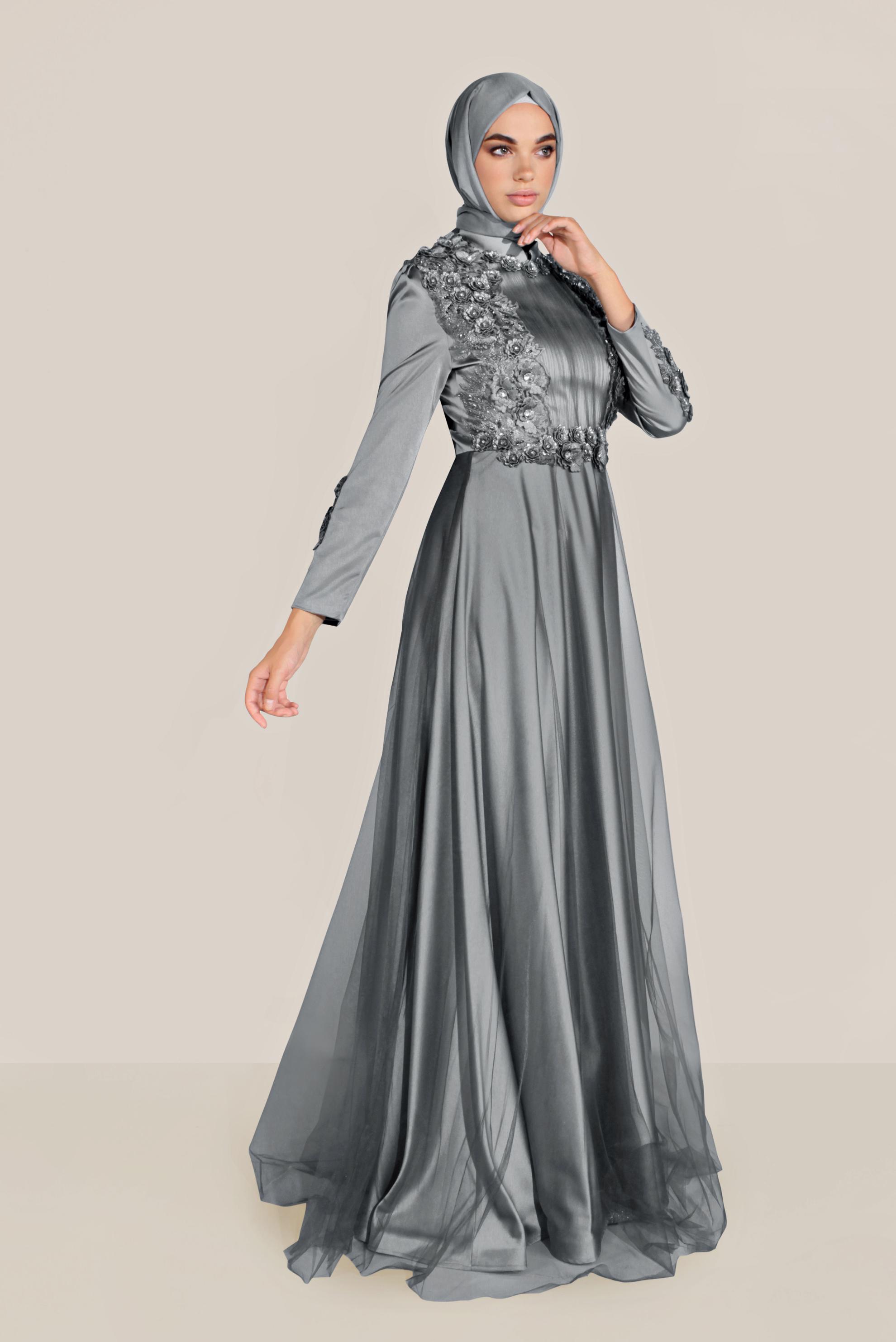 Tesettür giyim GRİ ÇİÇEK İŞLEMELİ TÜL DETAYLI ABİYE 50060