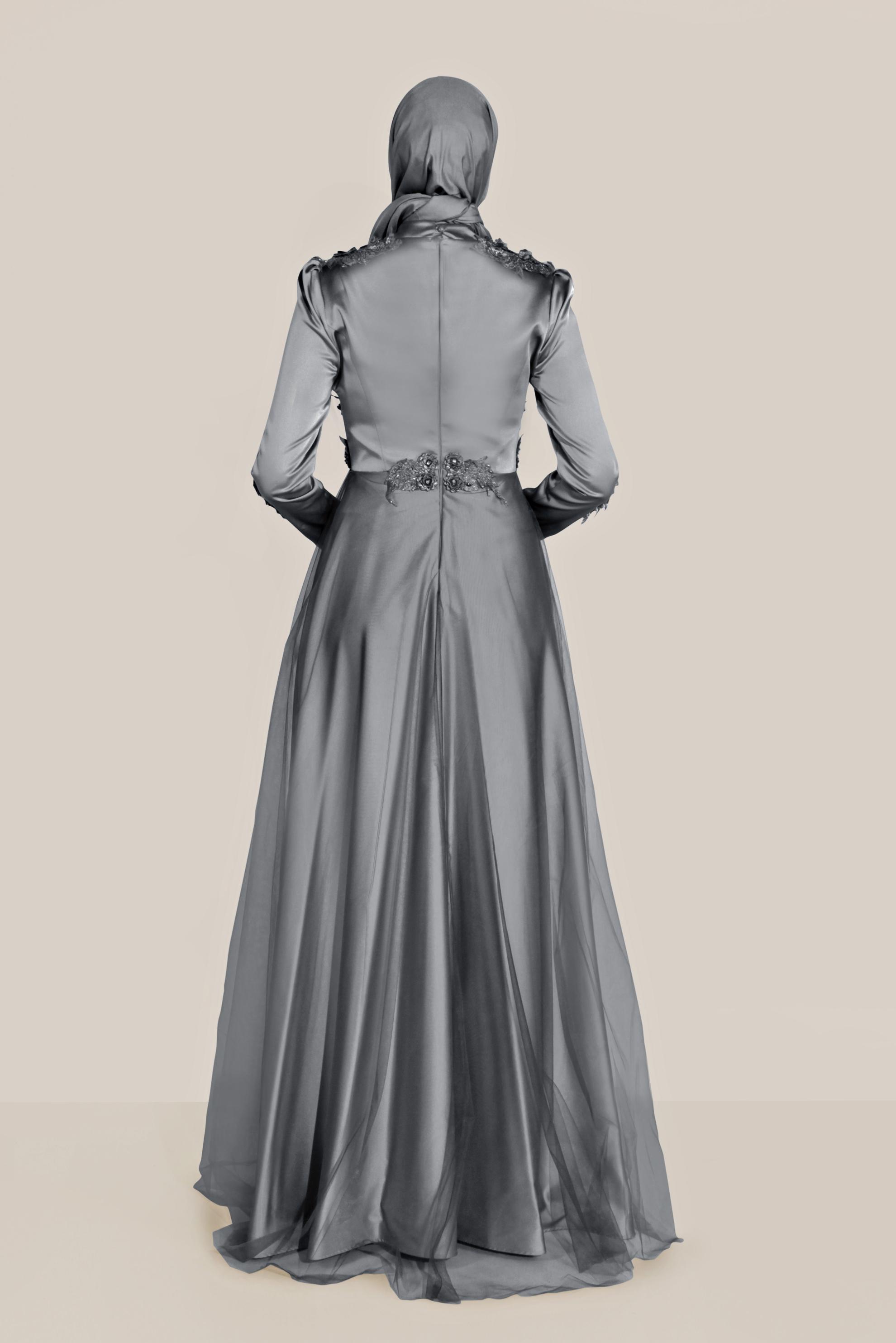 Tesettür giyim GRİ ÇİÇEK İŞLEMELİ TÜL DETAYLI ABİYE 50060