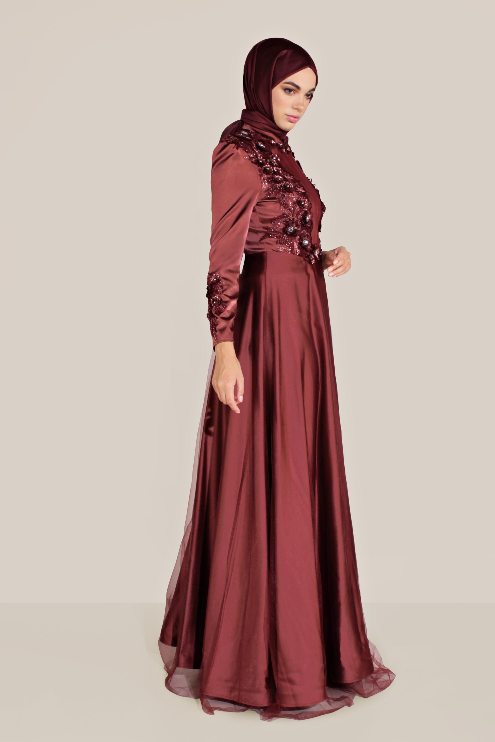 Tesettür giyim BORDO ÇİÇEK İŞLEMELİ TÜL DETAYLI ABİYE 50060