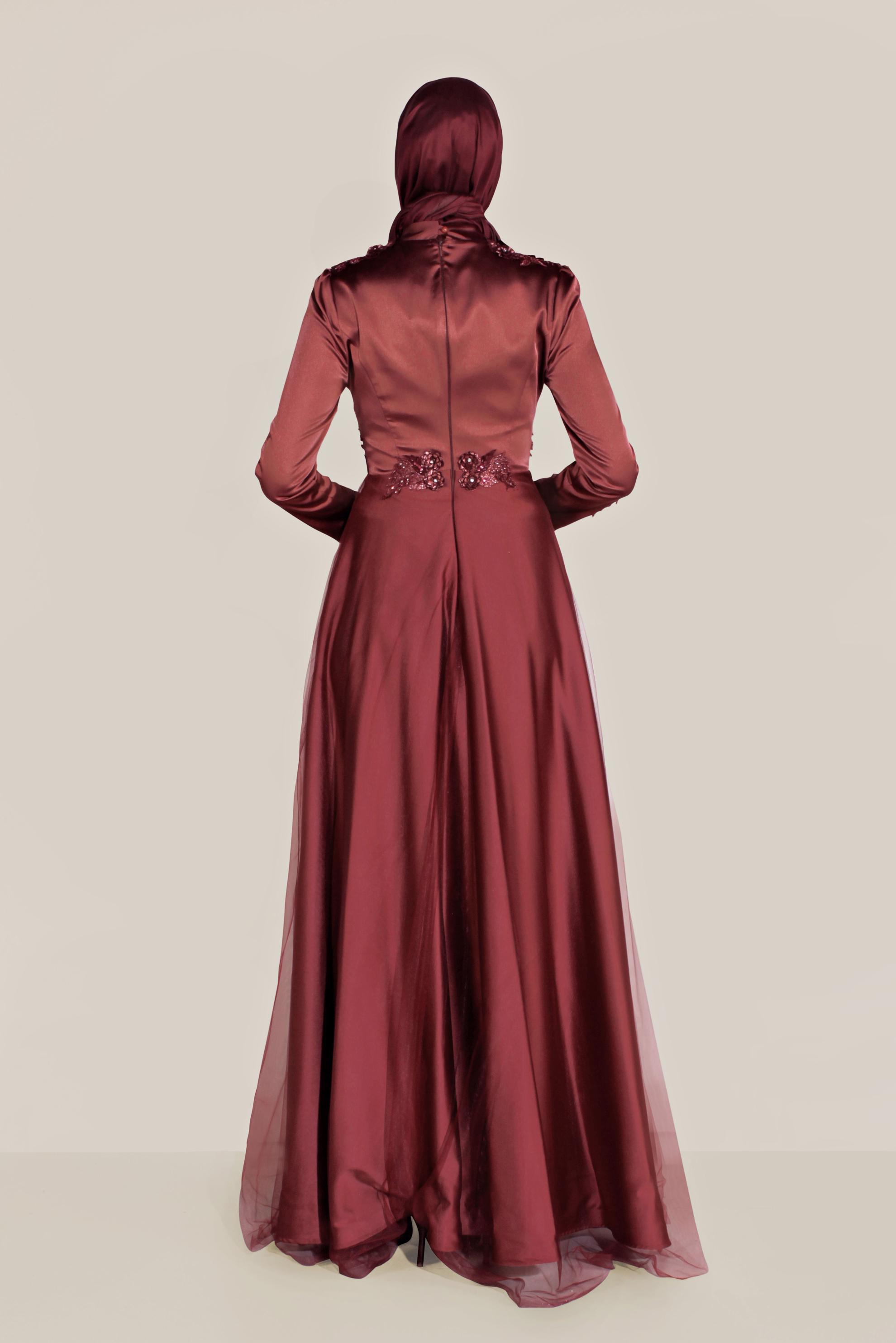 Tesettür giyim BORDO ÇİÇEK İŞLEMELİ TÜL DETAYLI ABİYE 50060