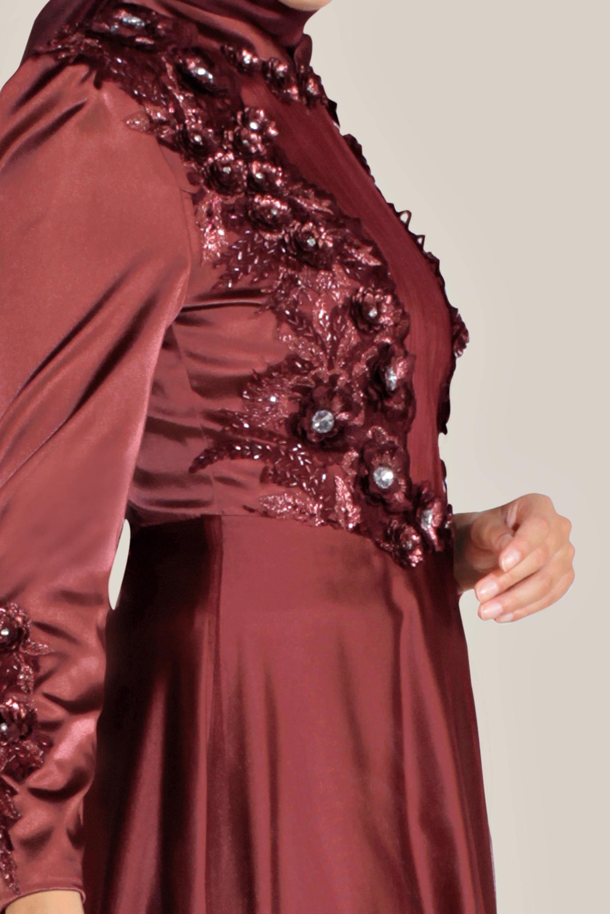 Tesettür giyim BORDO ÇİÇEK İŞLEMELİ TÜL DETAYLI ABİYE 50060