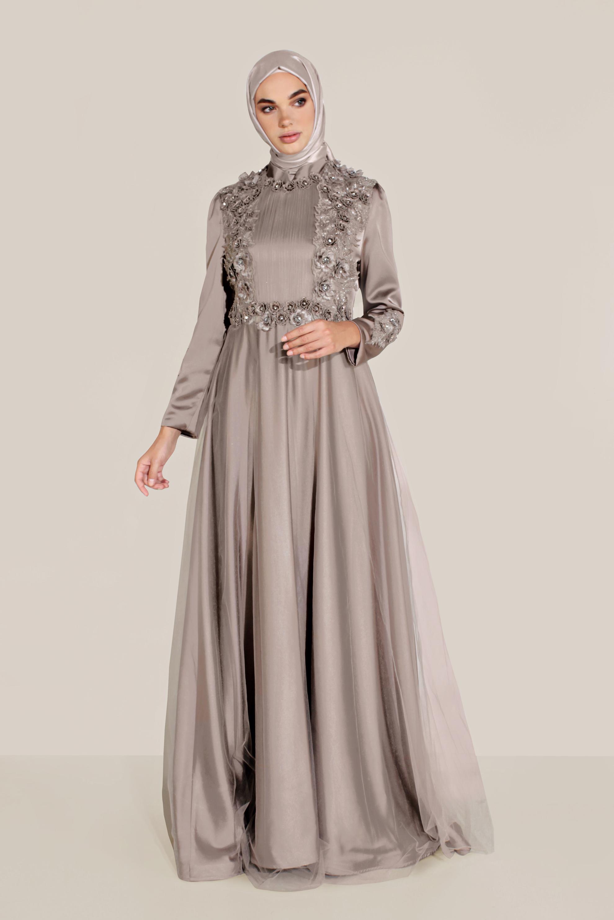 Tesettür giyim VİZON ÇİÇEK İŞLEMELİ TÜL DETAYLI ABİYE 50060