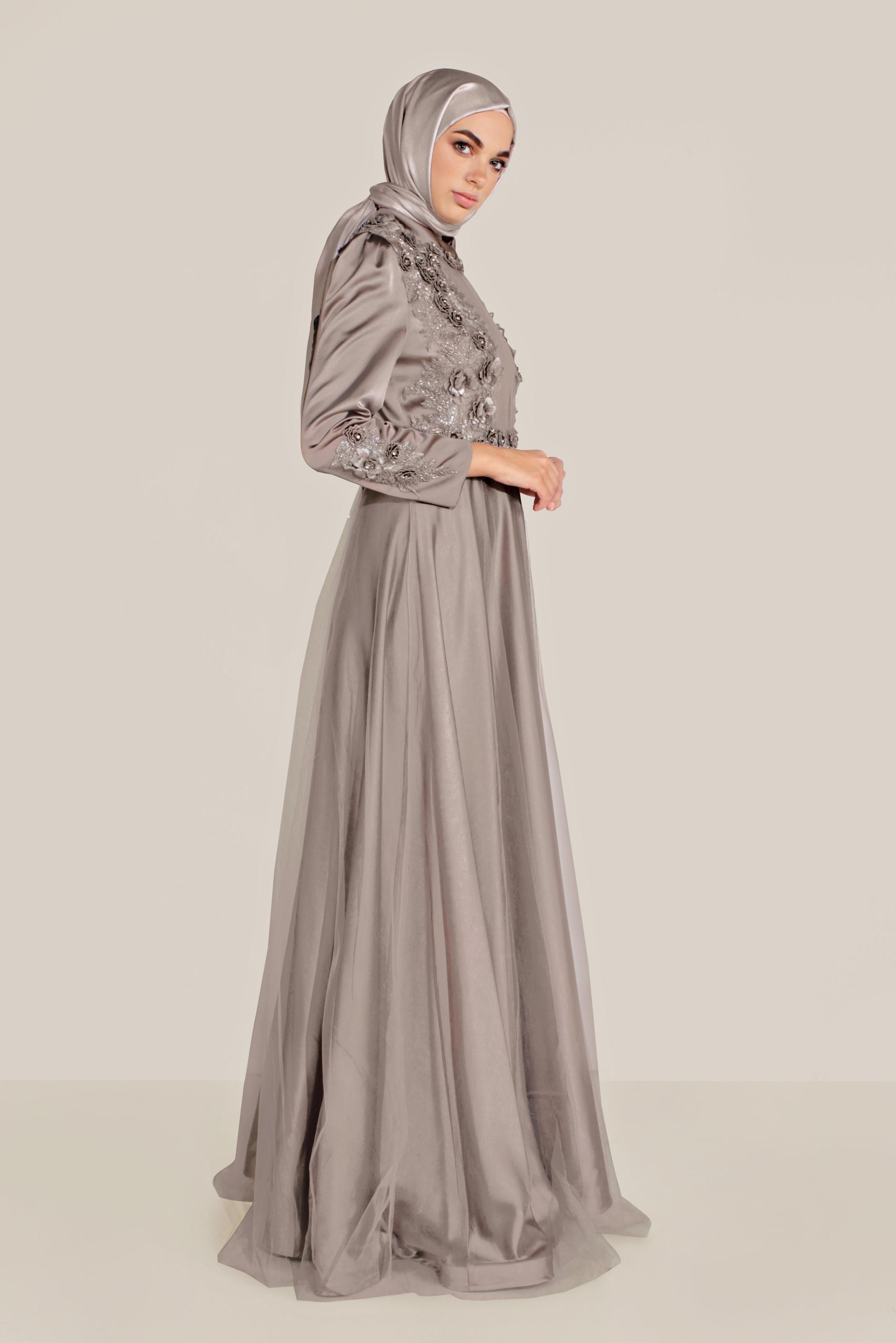 Tesettür giyim VİZON ÇİÇEK İŞLEMELİ TÜL DETAYLI ABİYE 50060