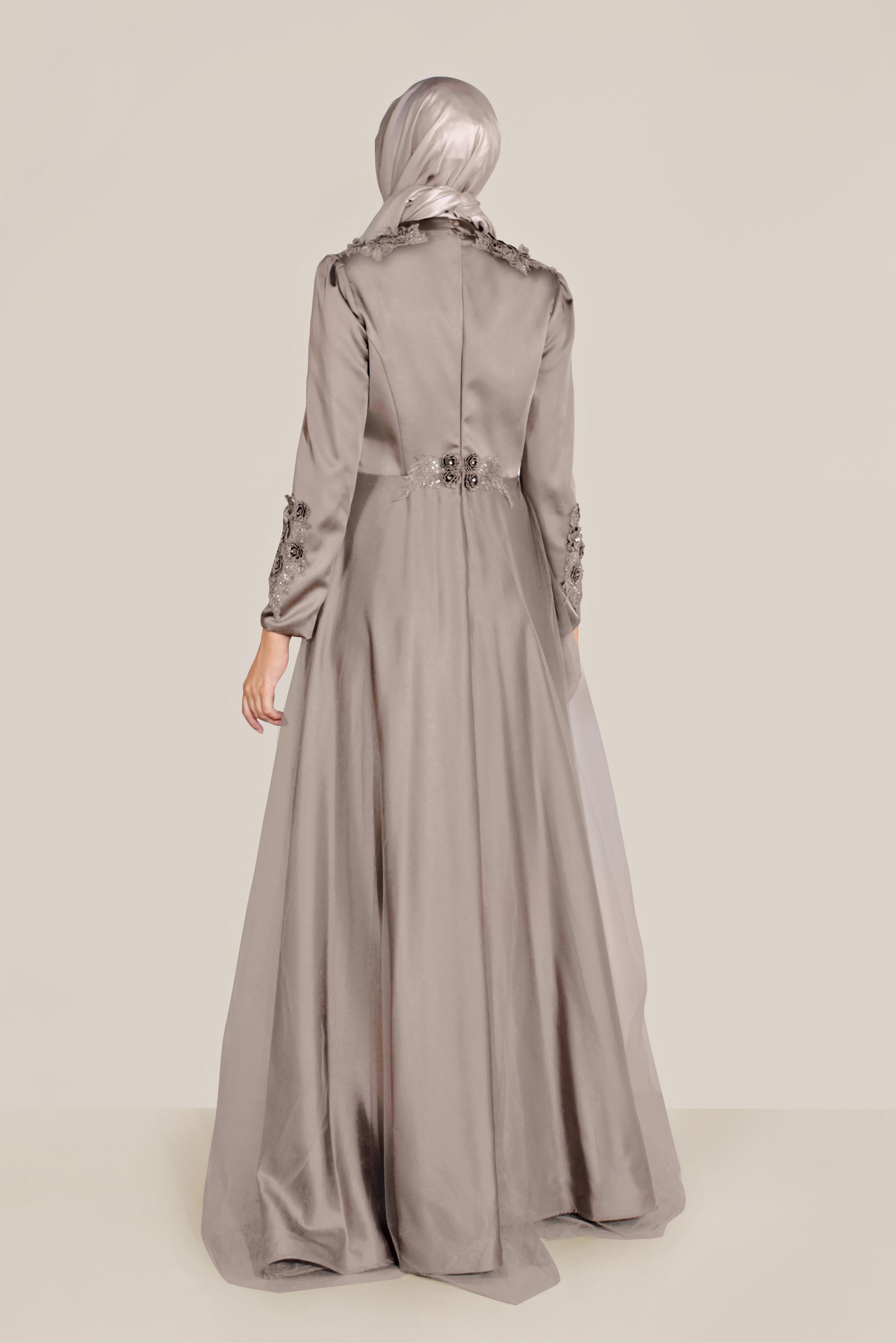 Tesettür giyim VİZON ÇİÇEK İŞLEMELİ TÜL DETAYLI ABİYE 50060