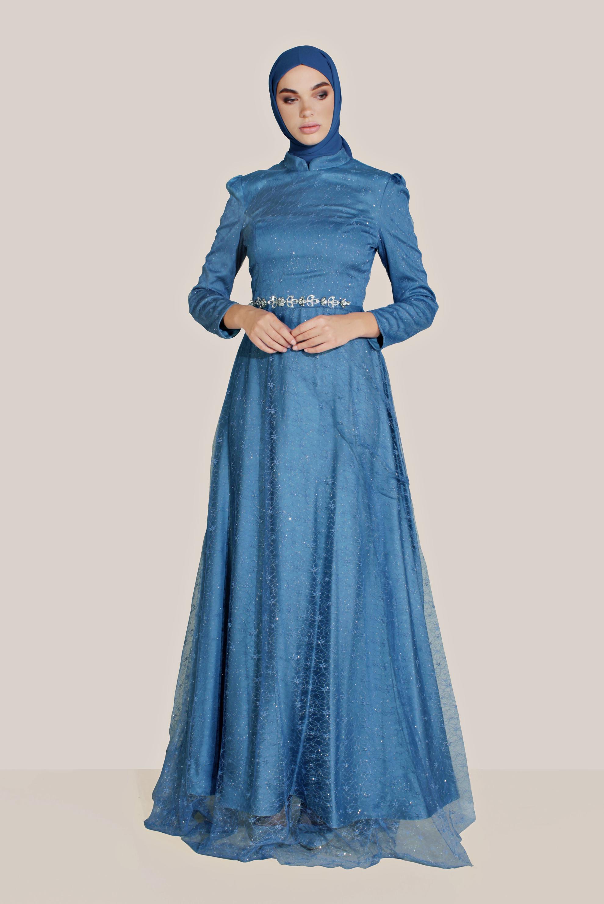 Tesettür giyim MAVİ TÜL DETAYLI SİMLİ HAKİM YAKA ABİYE 50066