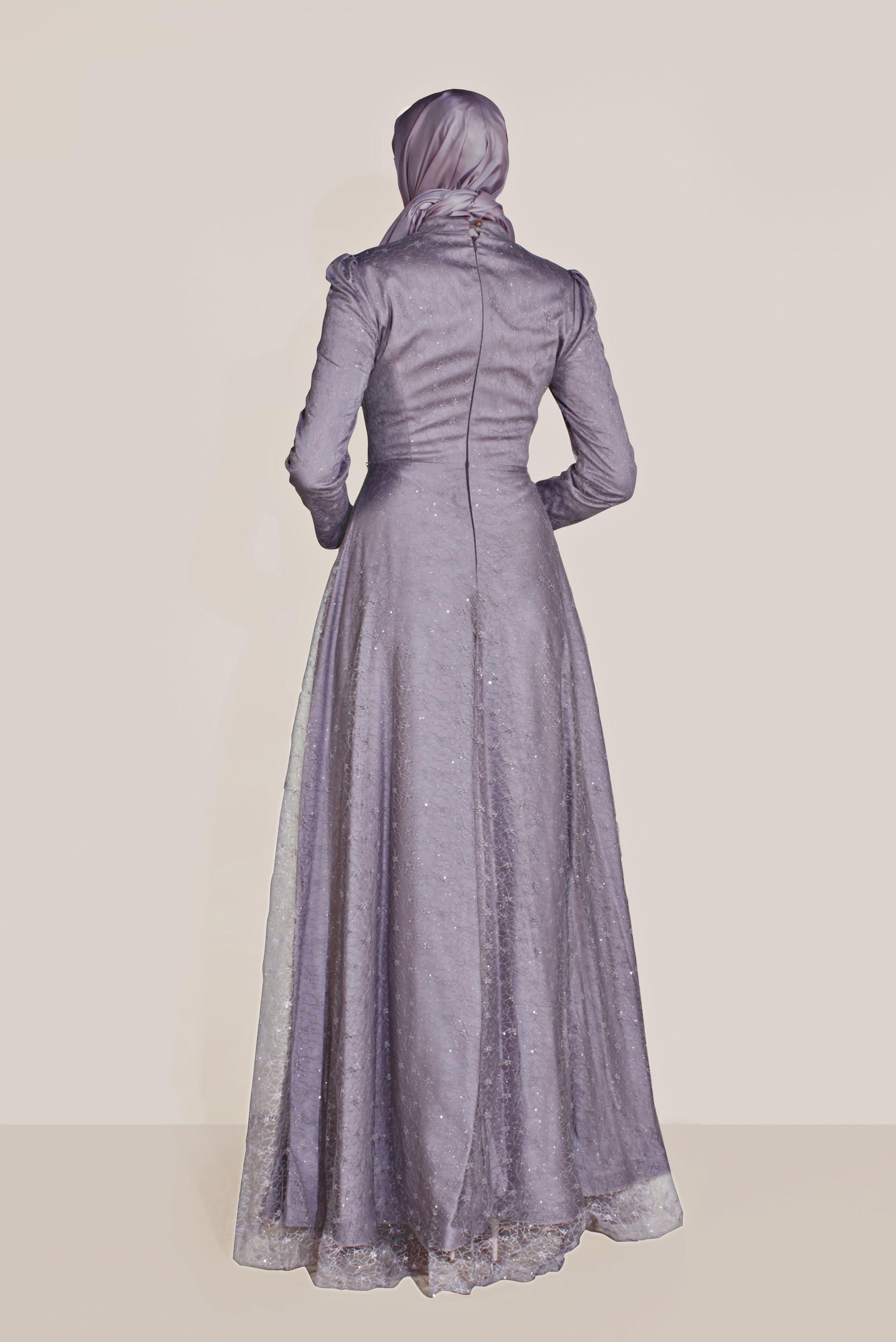 Tesettür giyim MOR TÜL DETAYLI SİMLİ HAKİM YAKA ABİYE 50066