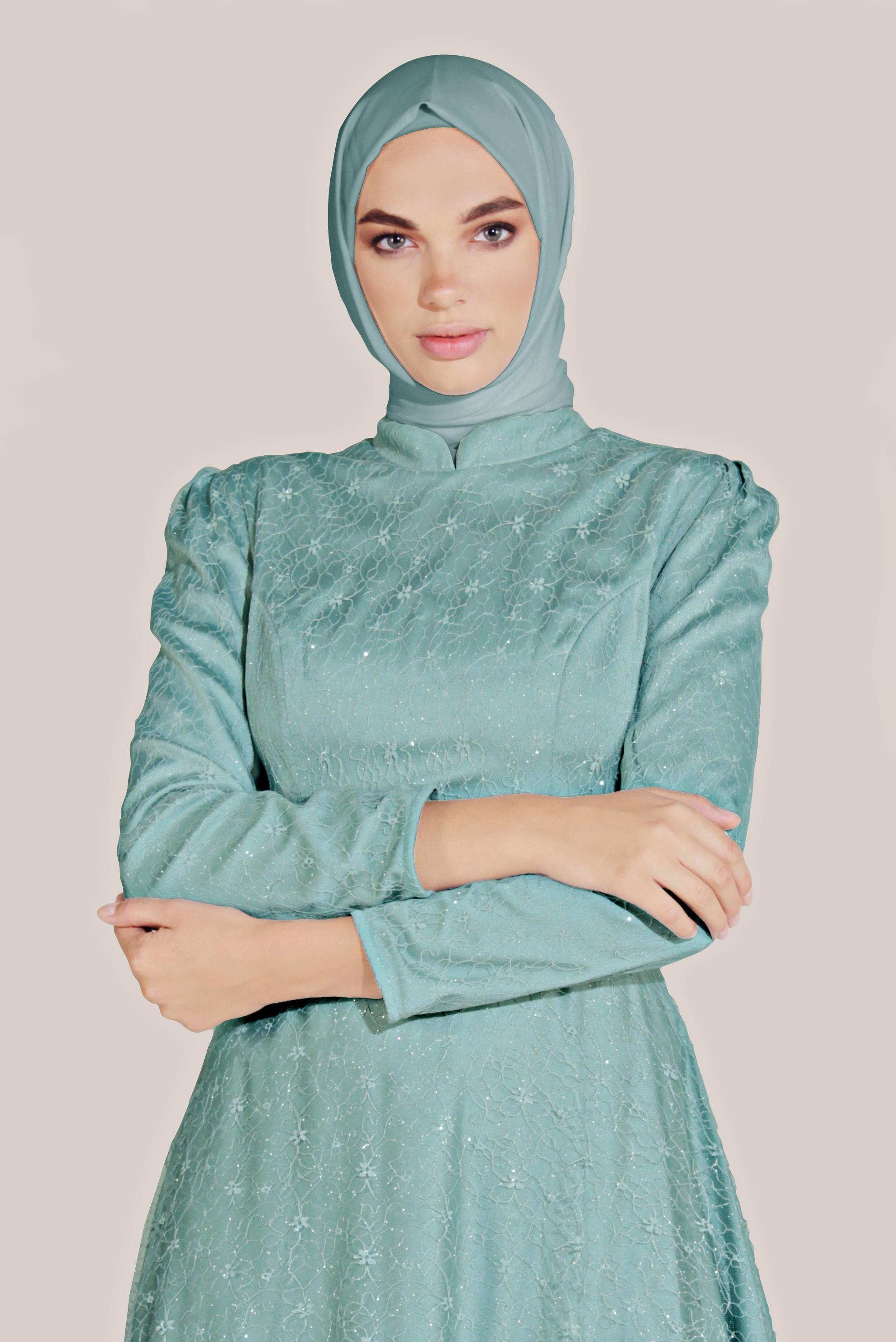 Tesettür giyim MAVİ TÜL DETAYLI SİMLİ HAKİM YAKA ABİYE 50066