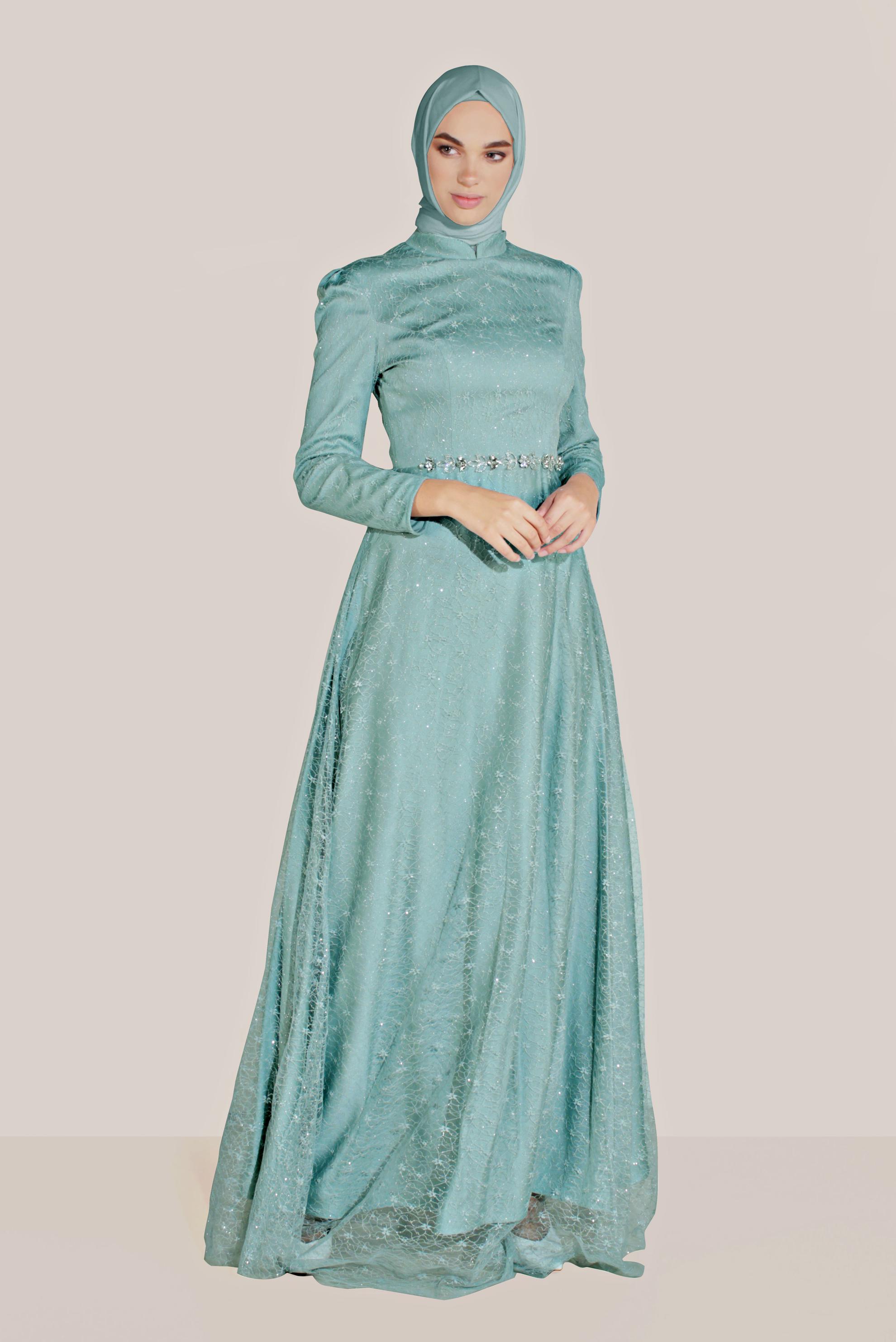 Tesettür giyim MAVİ TÜL DETAYLI SİMLİ HAKİM YAKA ABİYE 50066