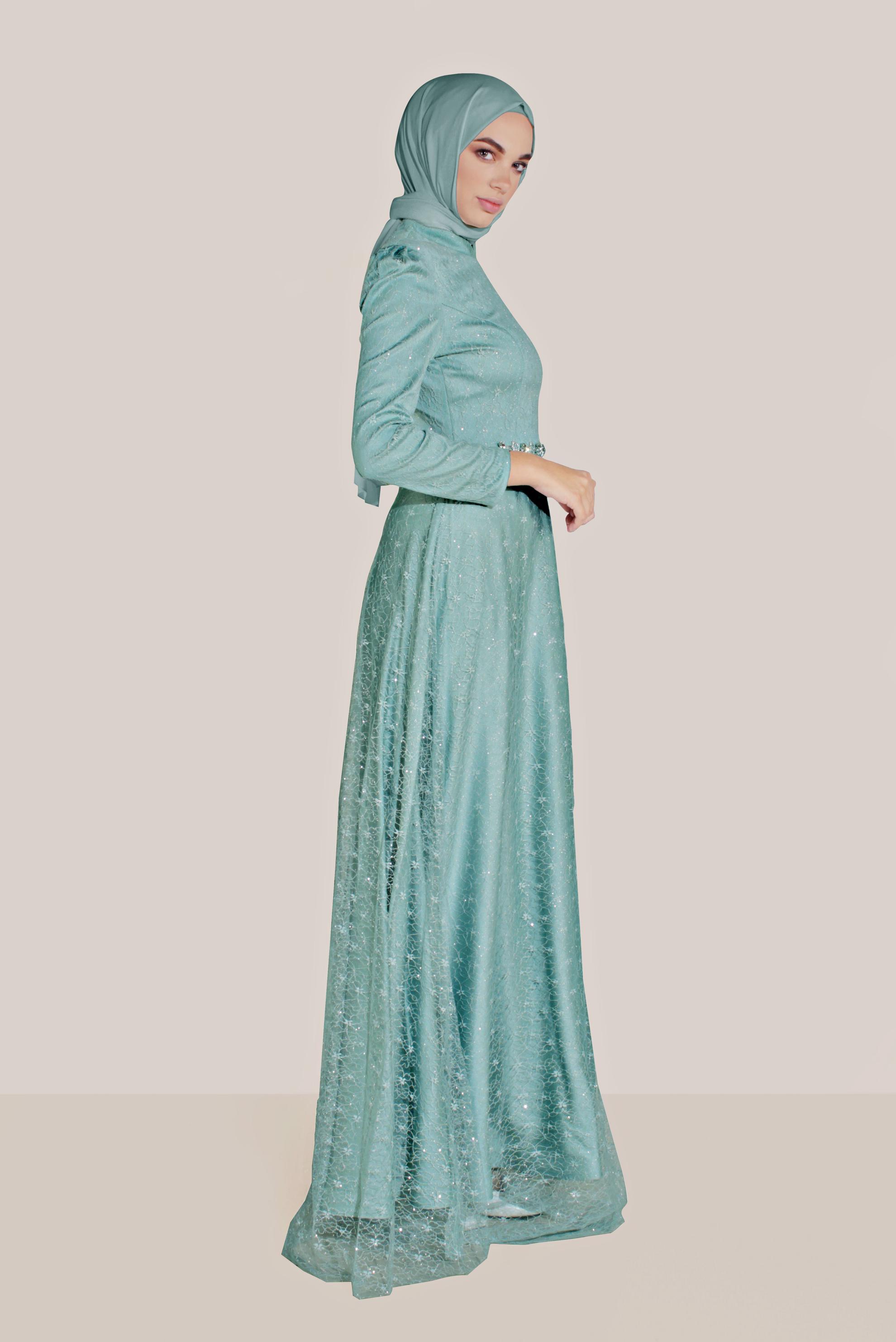 Tesettür giyim MAVİ TÜL DETAYLI SİMLİ HAKİM YAKA ABİYE 50066