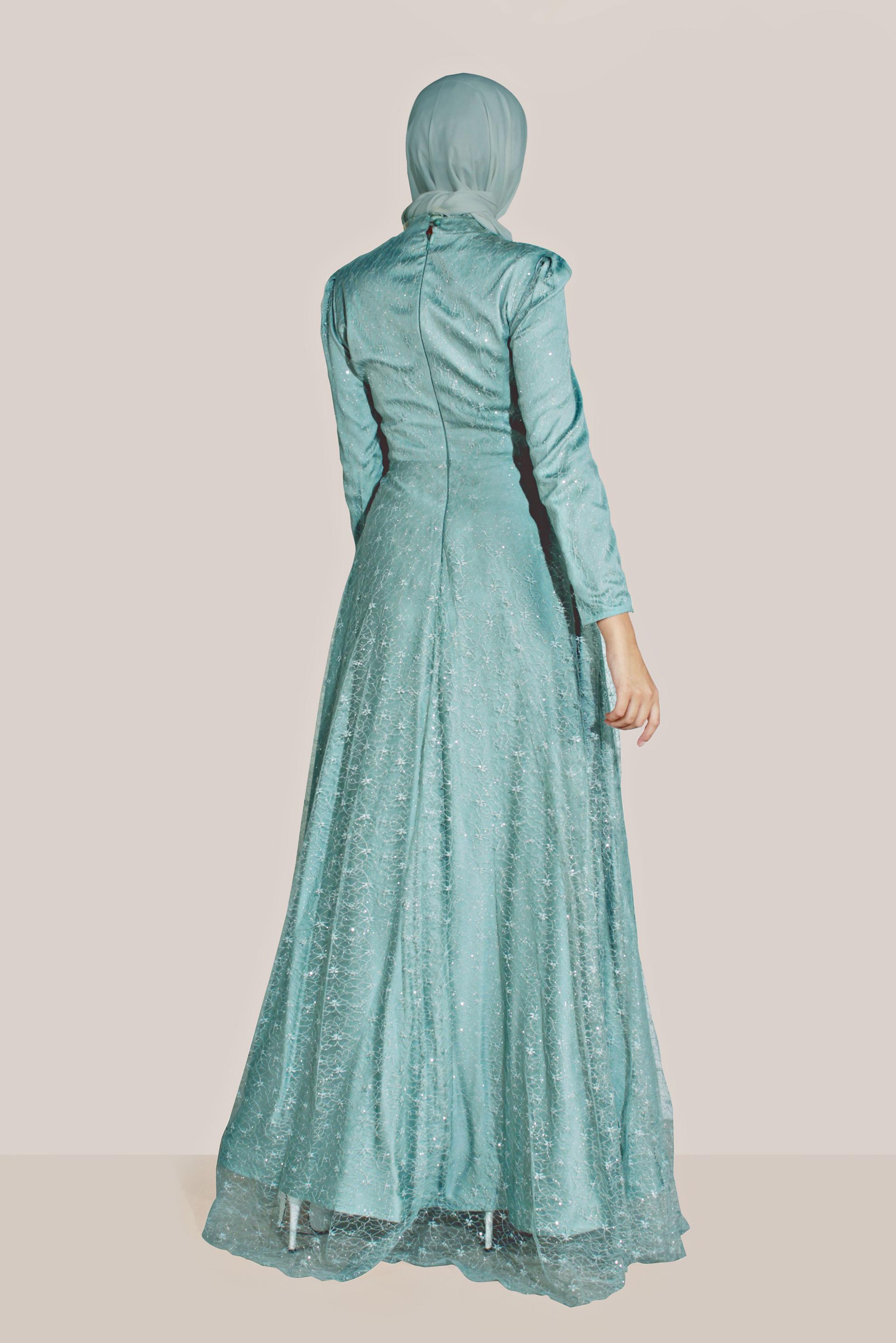 Tesettür giyim MAVİ TÜL DETAYLI SİMLİ HAKİM YAKA ABİYE 50066