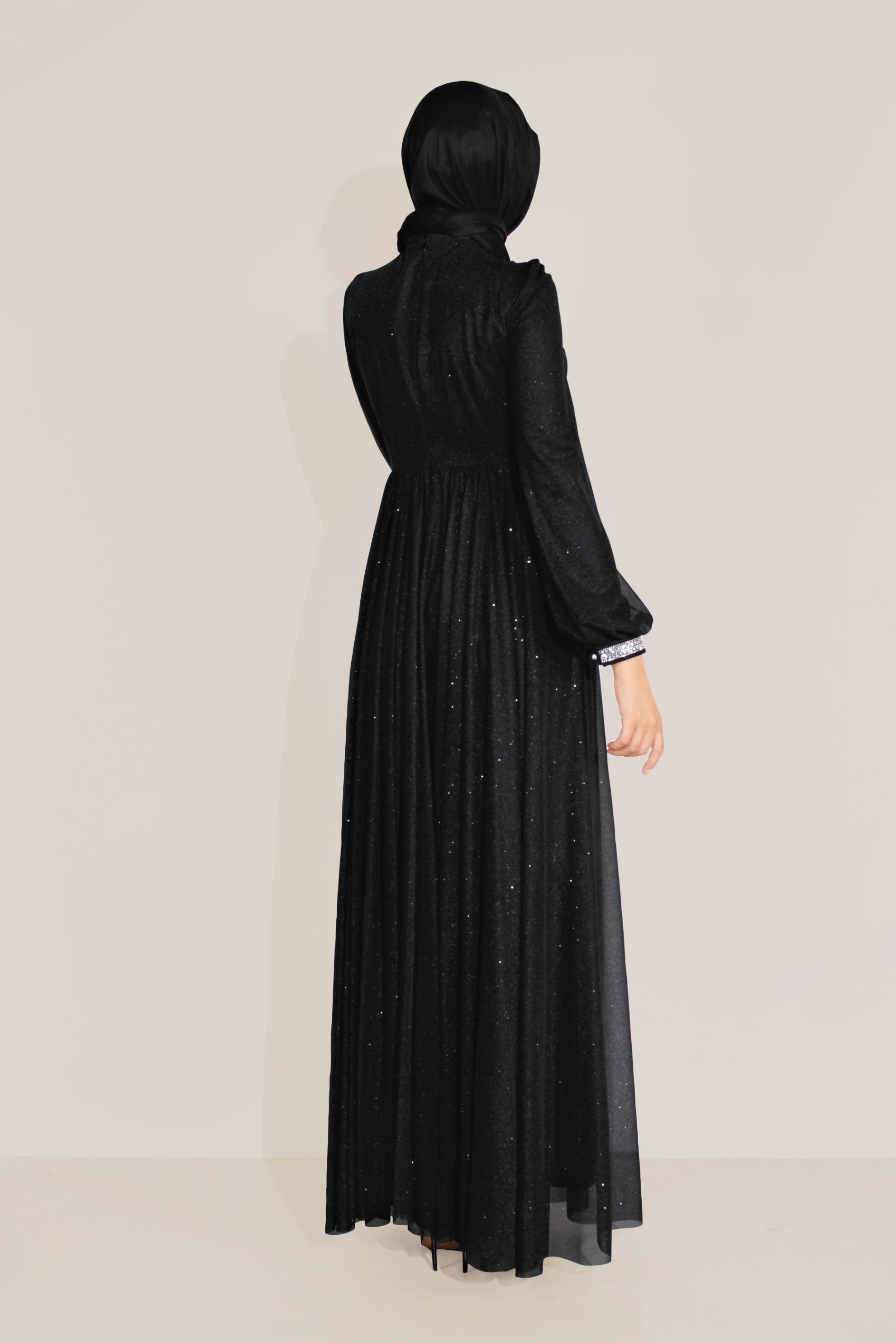 Tesettür giyim SİYAH SİMLİ TÜLLÜ TAŞLI ABİYE ELBİSE 50072
