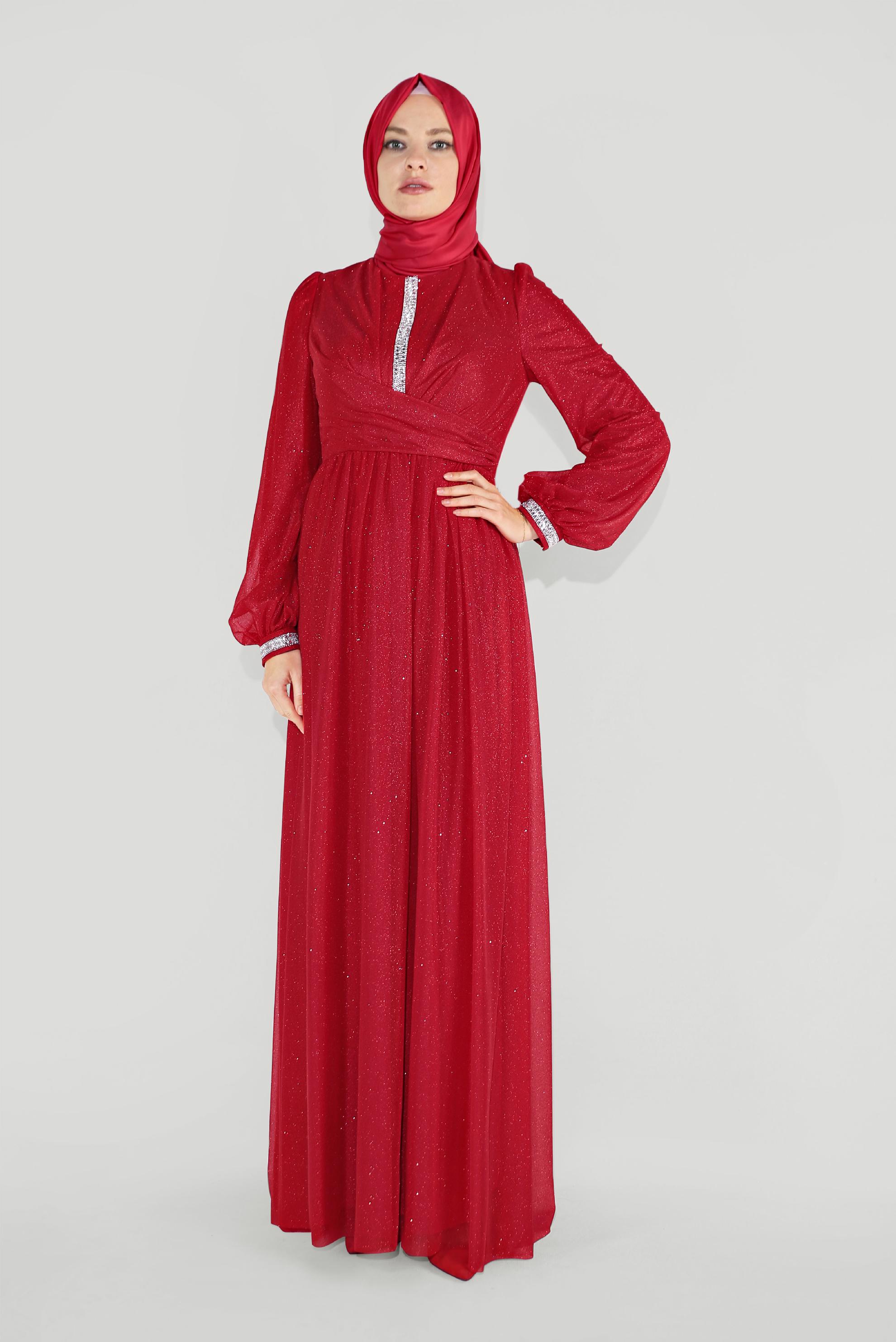 Tesettür giyim KIRMIZI SİMLİ TÜLLÜ TAŞLI ABİYE ELBİSE 50072
