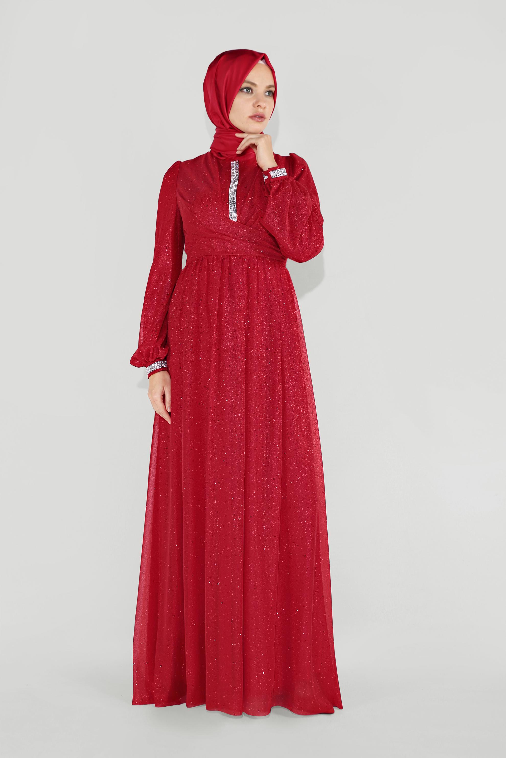 Tesettür giyim KIRMIZI SİMLİ TÜLLÜ TAŞLI ABİYE ELBİSE 50072