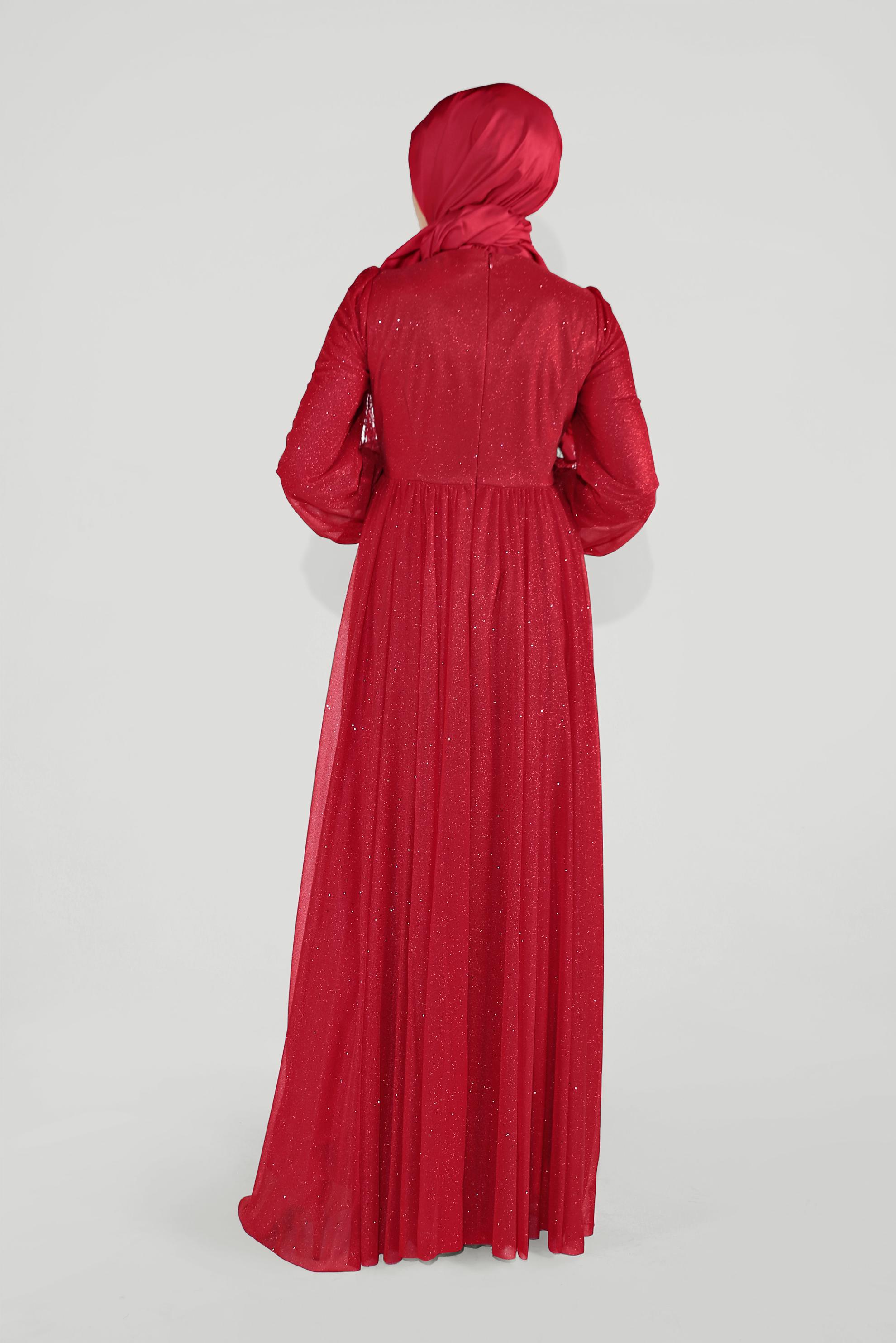 Tesettür giyim KIRMIZI SİMLİ TÜLLÜ TAŞLI ABİYE ELBİSE 50072