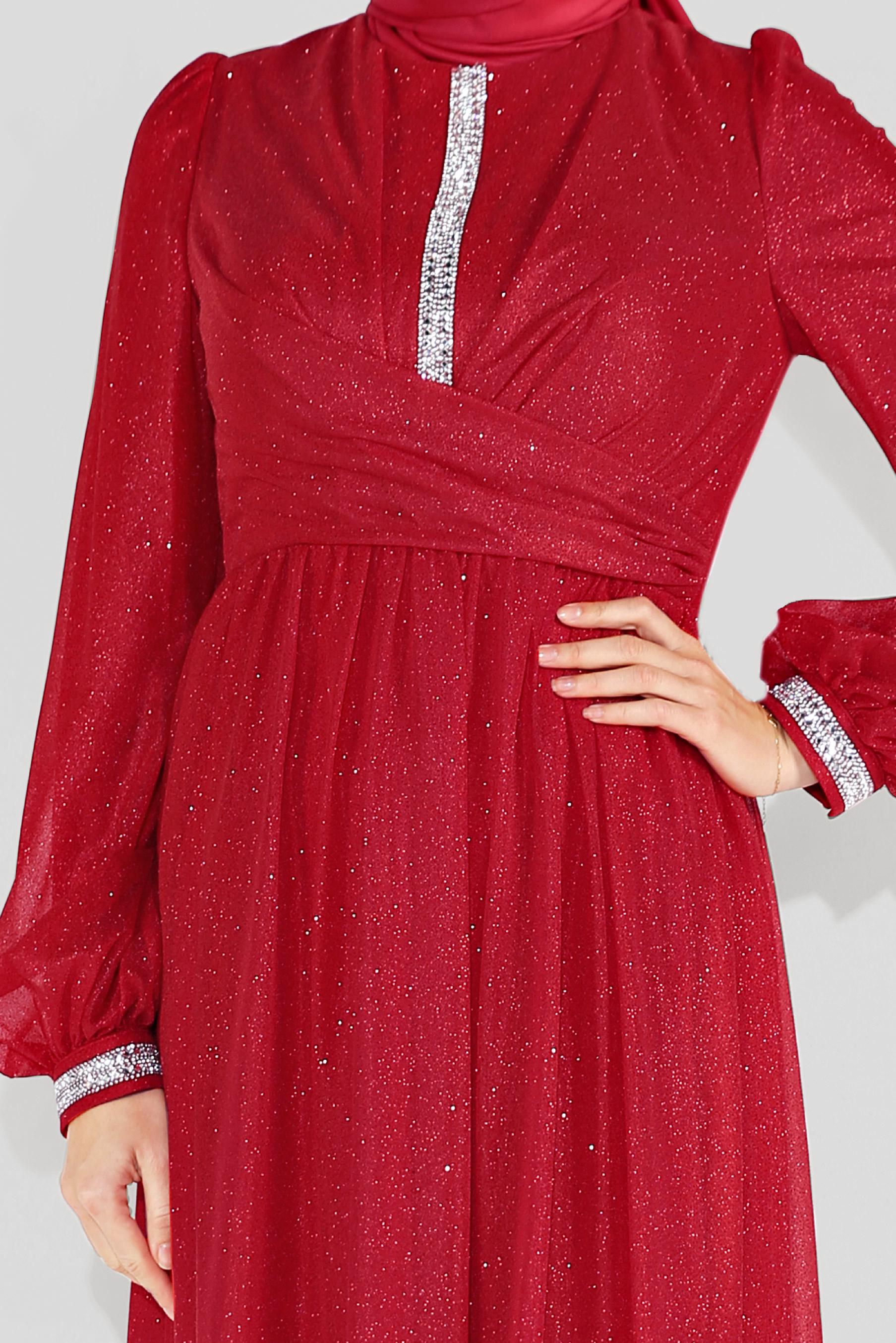 Tesettür giyim KIRMIZI SİMLİ TÜLLÜ TAŞLI ABİYE ELBİSE 50072