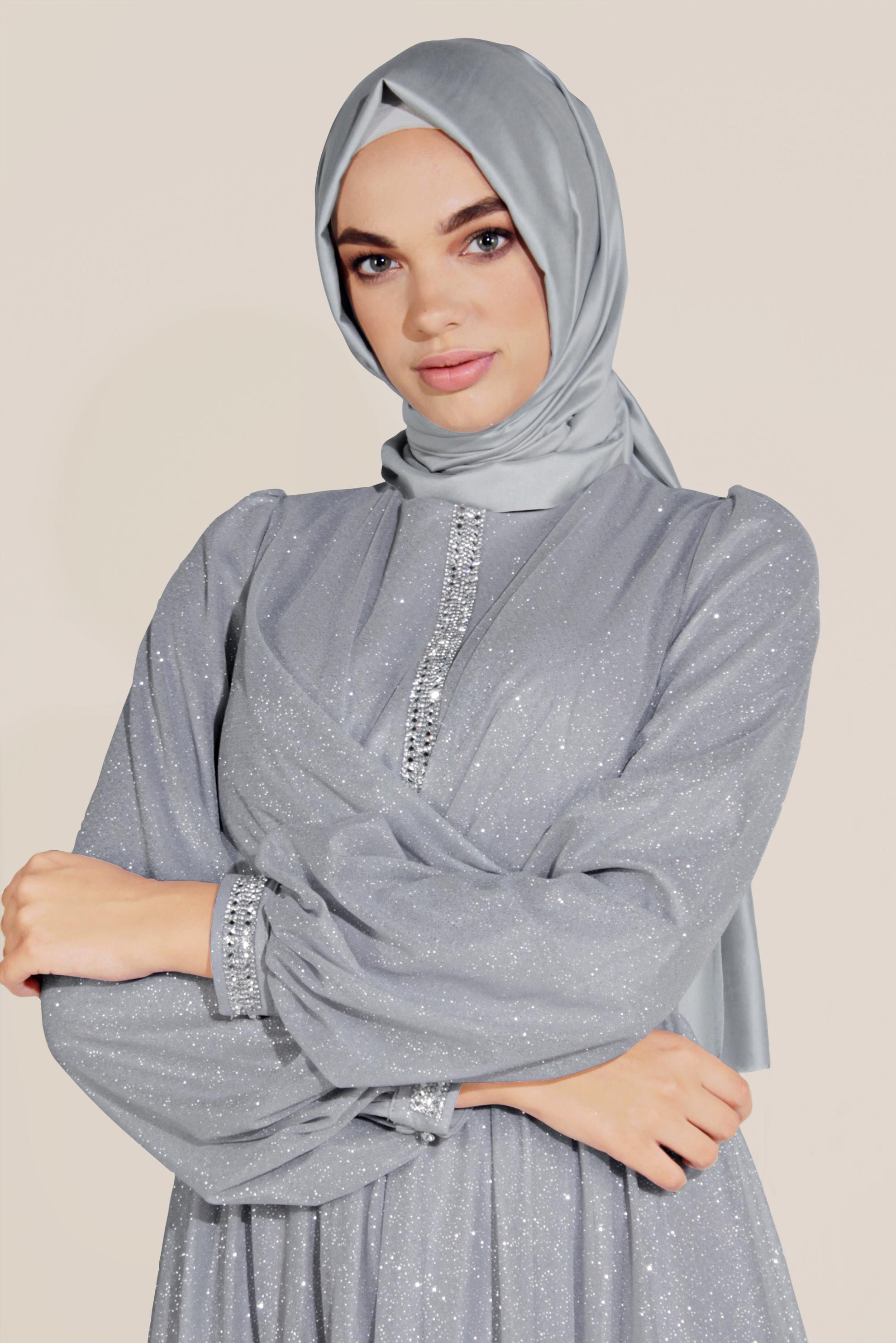 Tesettür giyim GRİ SİMLİ TÜLLÜ TAŞLI ABİYE ELBİSE 50072