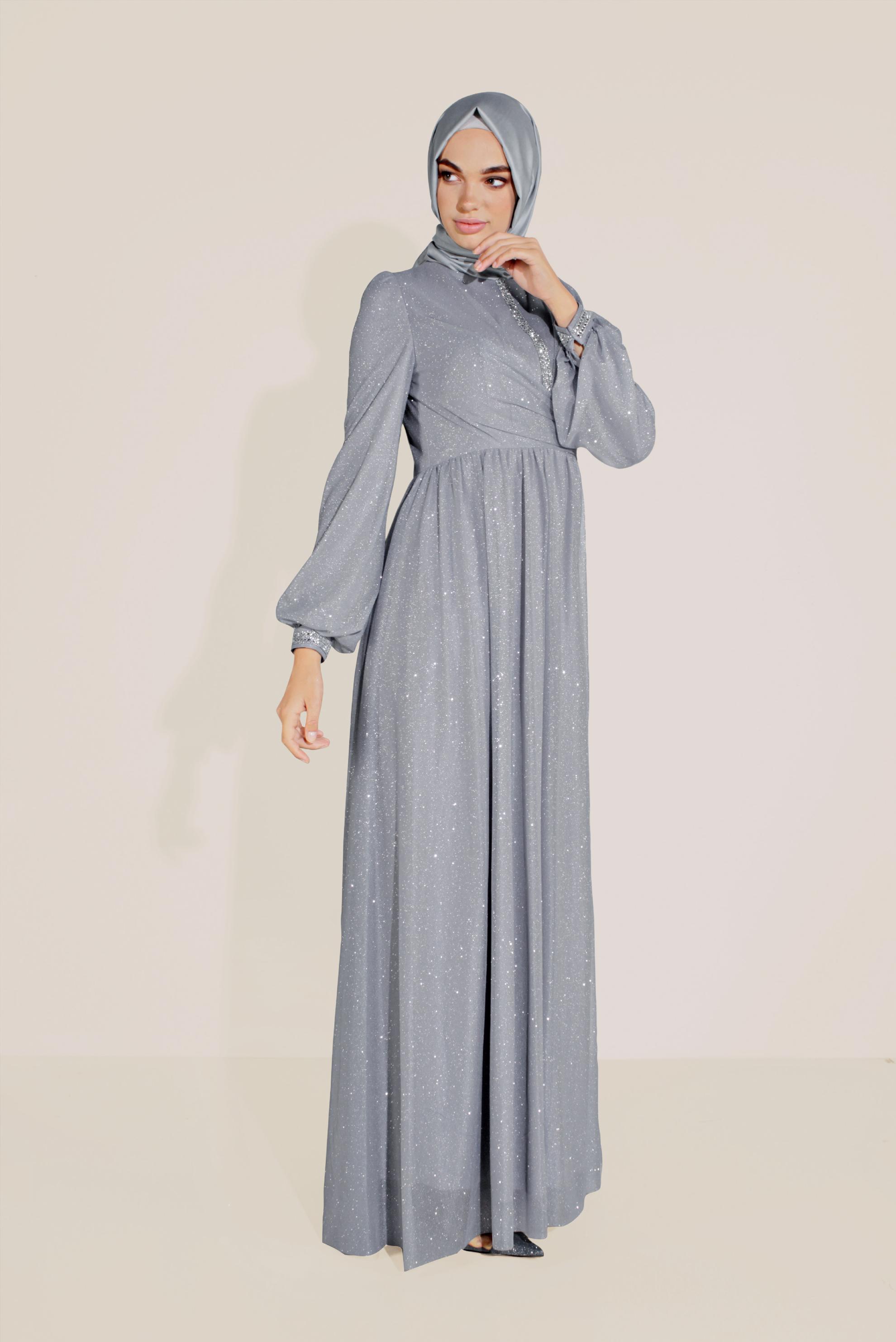Tesettür giyim GRİ SİMLİ TÜLLÜ TAŞLI ABİYE ELBİSE 50072