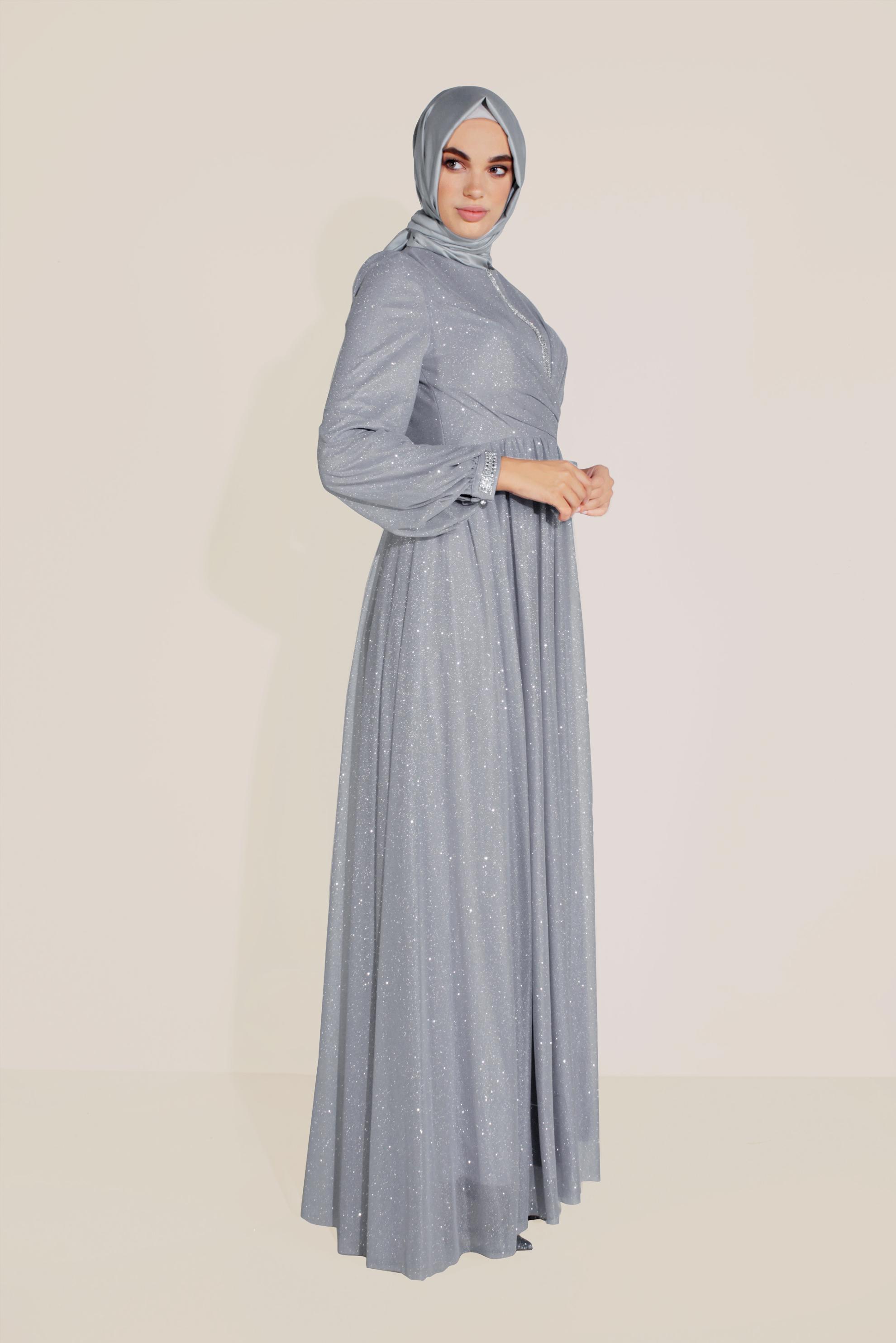 Tesettür giyim GRİ SİMLİ TÜLLÜ TAŞLI ABİYE ELBİSE 50072