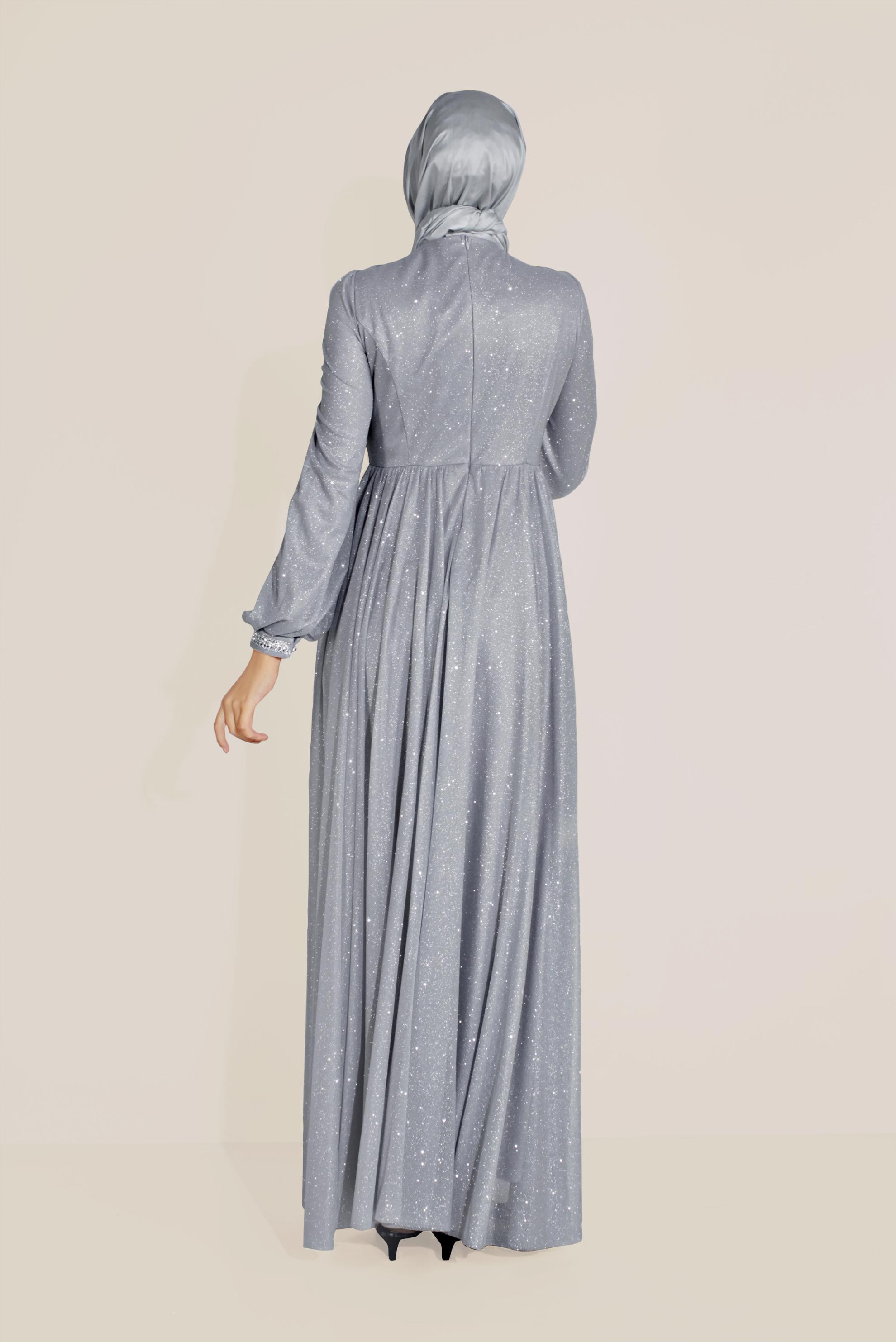 Tesettür giyim GRİ SİMLİ TÜLLÜ TAŞLI ABİYE ELBİSE 50072