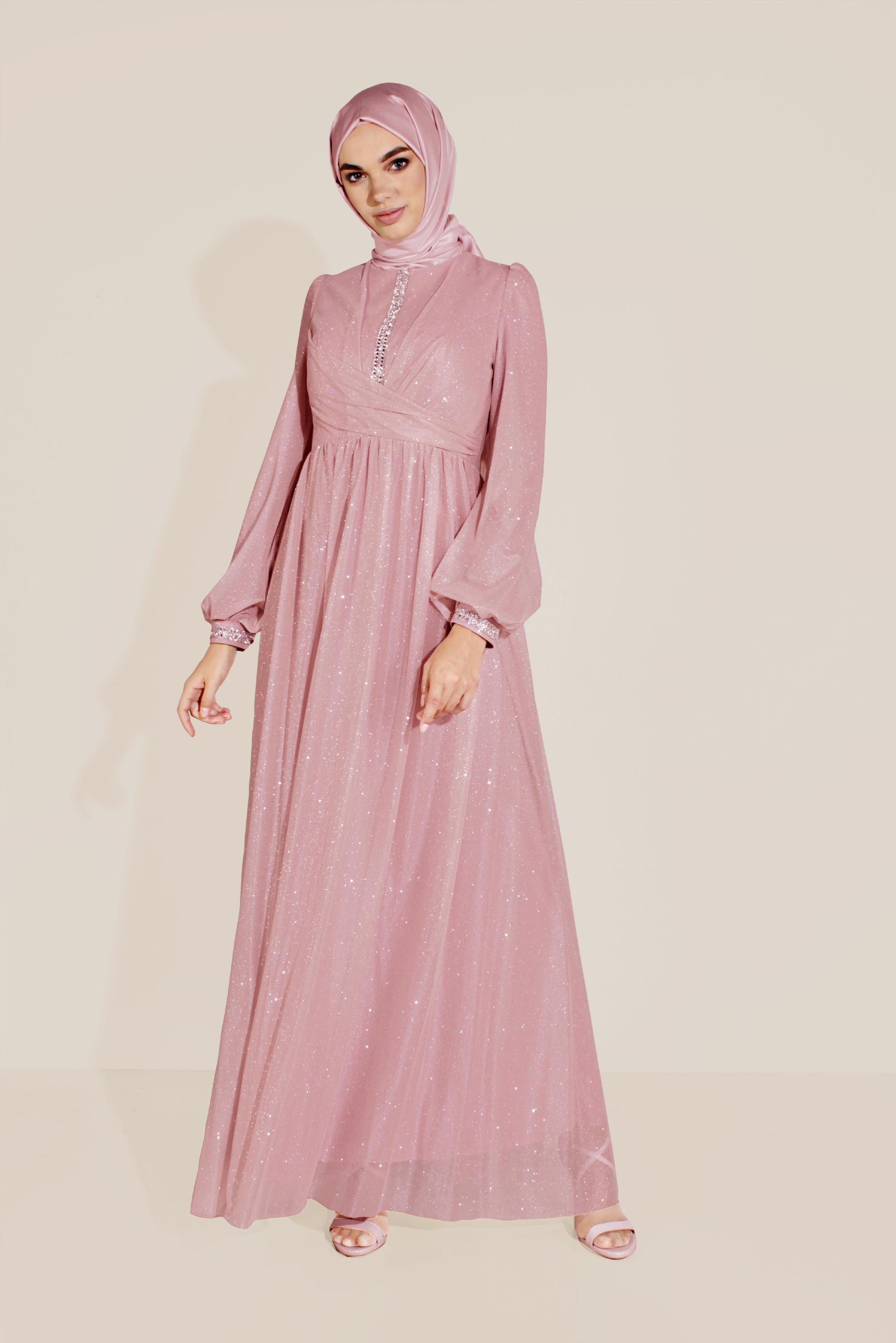 Tesettür giyim PUDRA SİMLİ TÜLLÜ TAŞLI ABİYE ELBİSE 50072