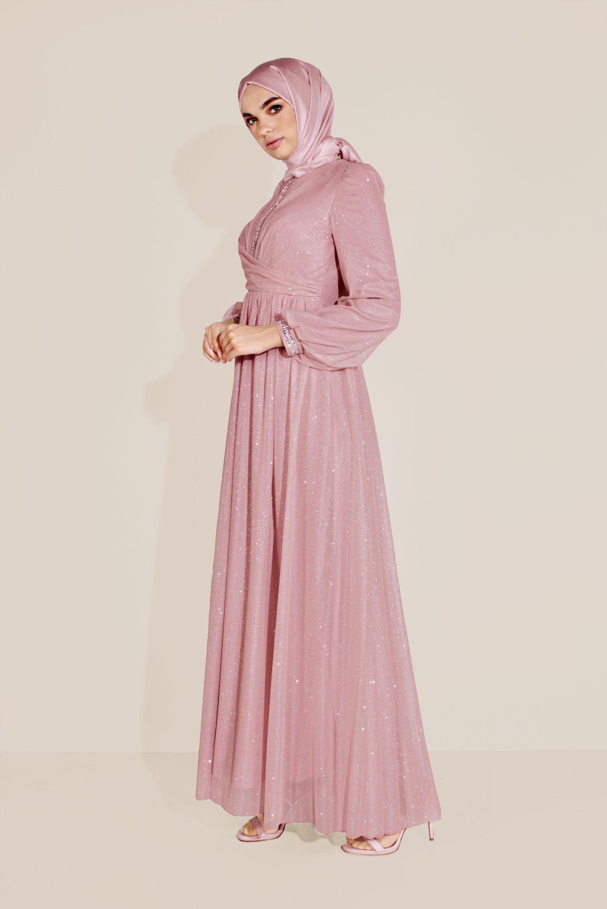 Tesettür giyim PUDRA SİMLİ TÜLLÜ TAŞLI ABİYE ELBİSE 50072
