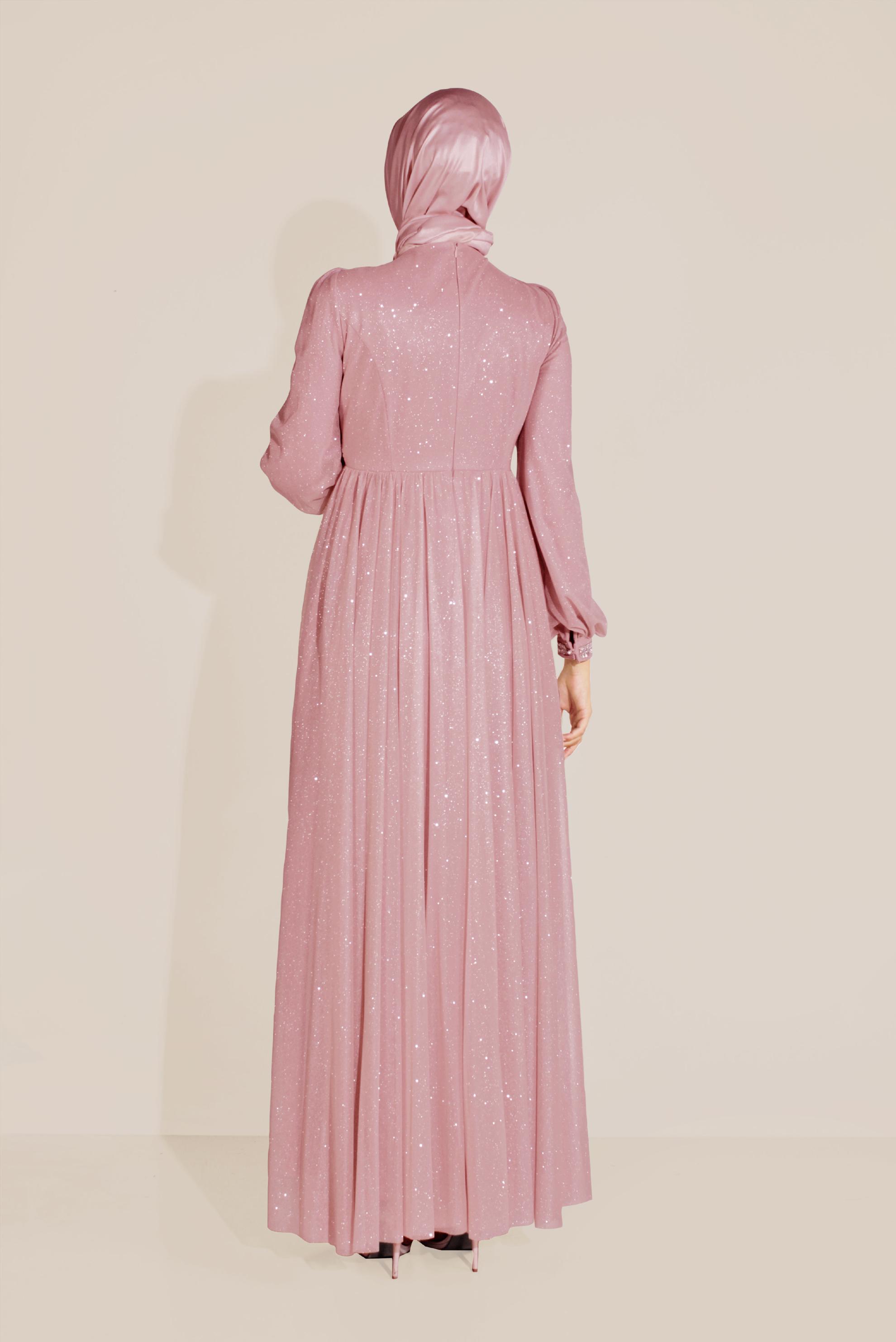 Tesettür giyim PUDRA SİMLİ TÜLLÜ TAŞLI ABİYE ELBİSE 50072