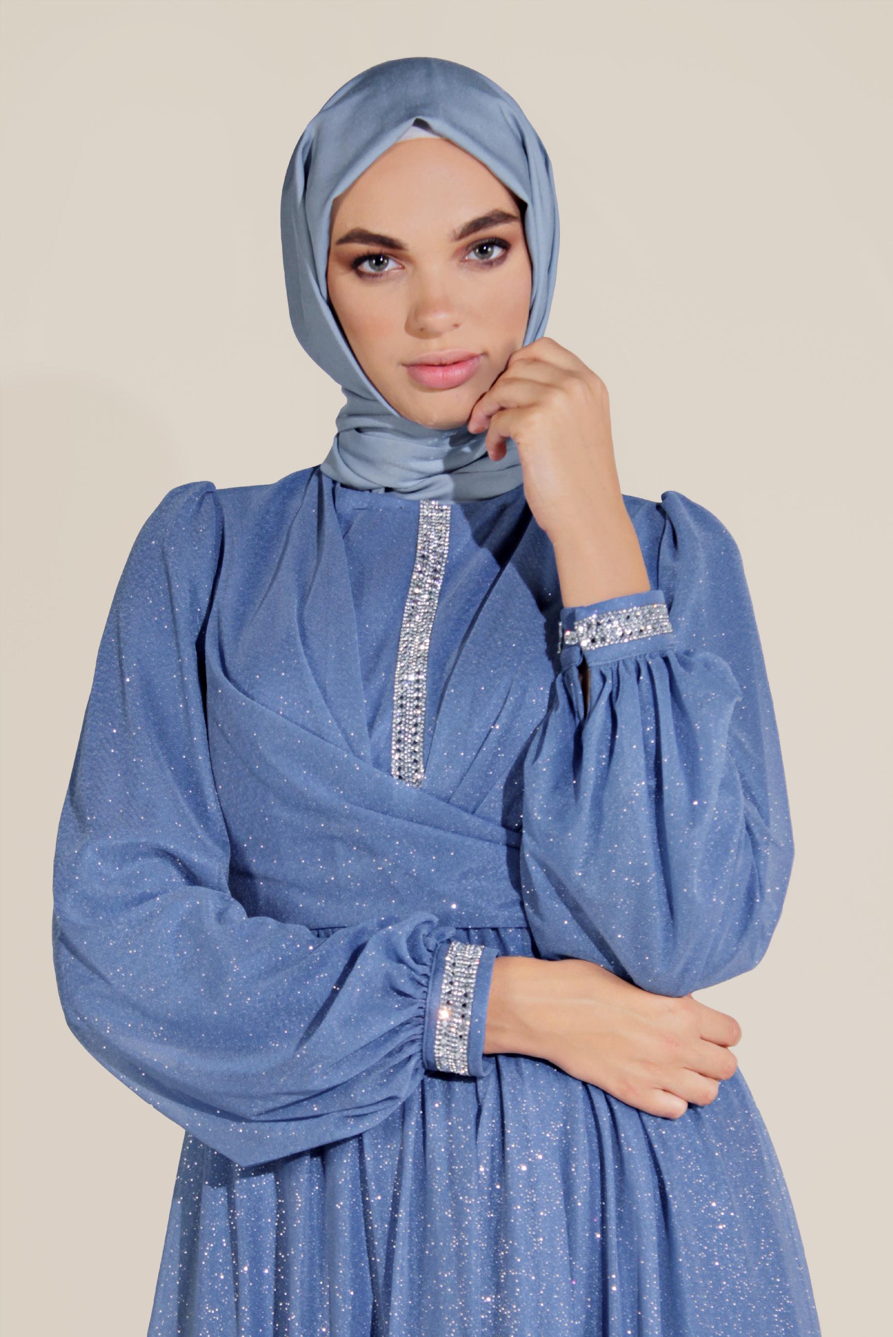 Tesettür giyim MAVİ SİMLİ TÜLLÜ TAŞLI ABİYE ELBİSE 50072