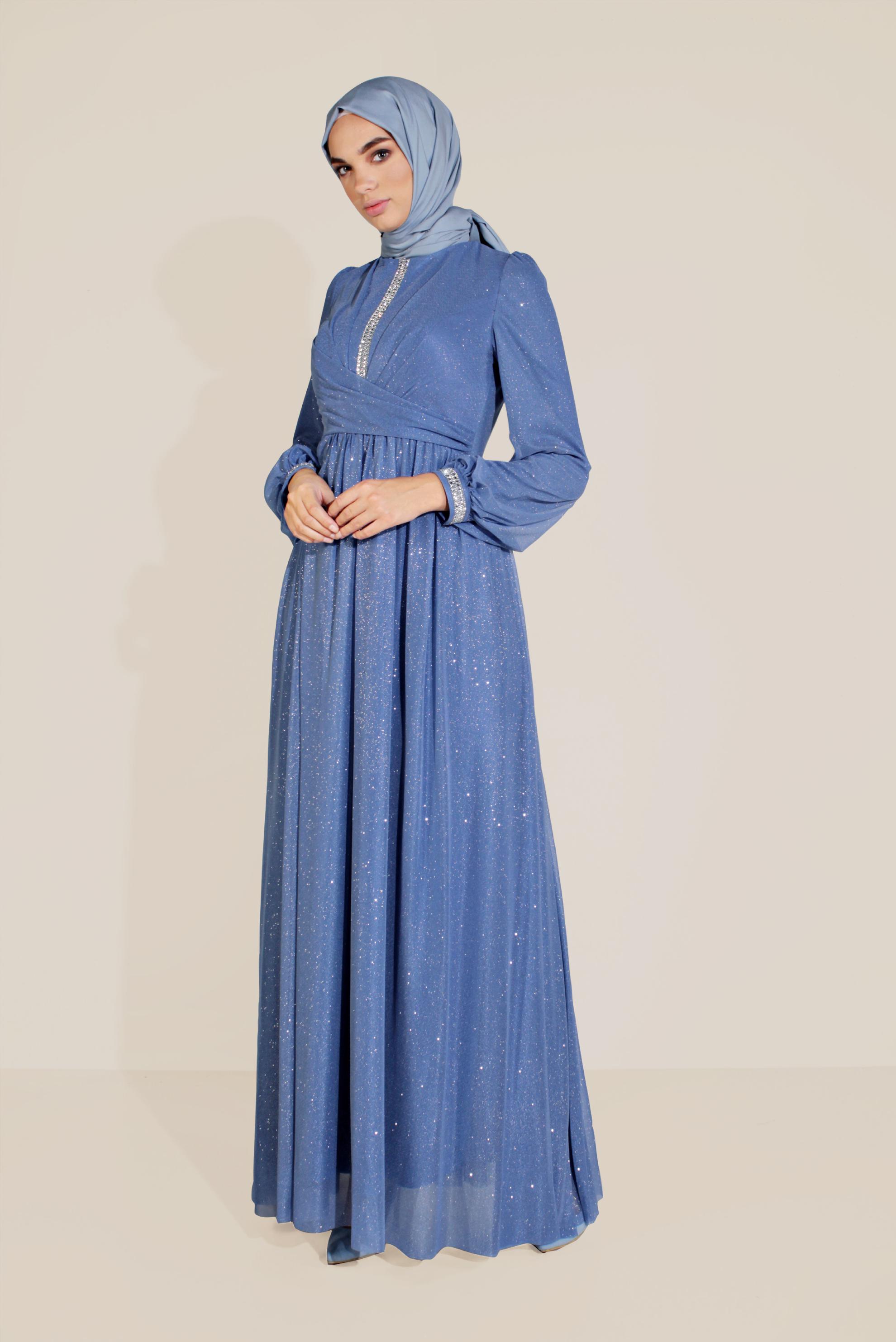 Tesettür giyim MAVİ SİMLİ TÜLLÜ TAŞLI ABİYE ELBİSE 50072