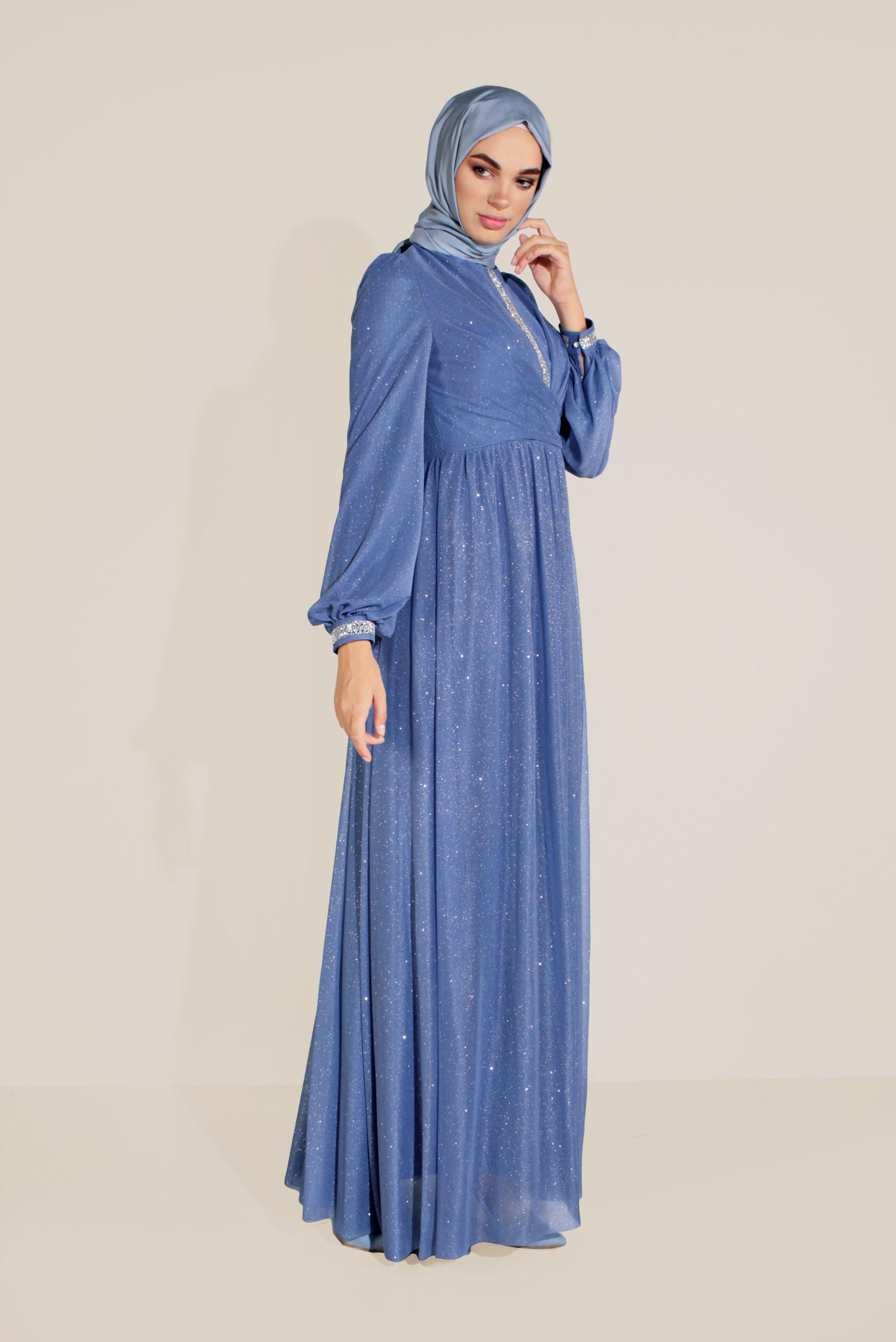 Tesettür giyim MAVİ SİMLİ TÜLLÜ TAŞLI ABİYE ELBİSE 50072