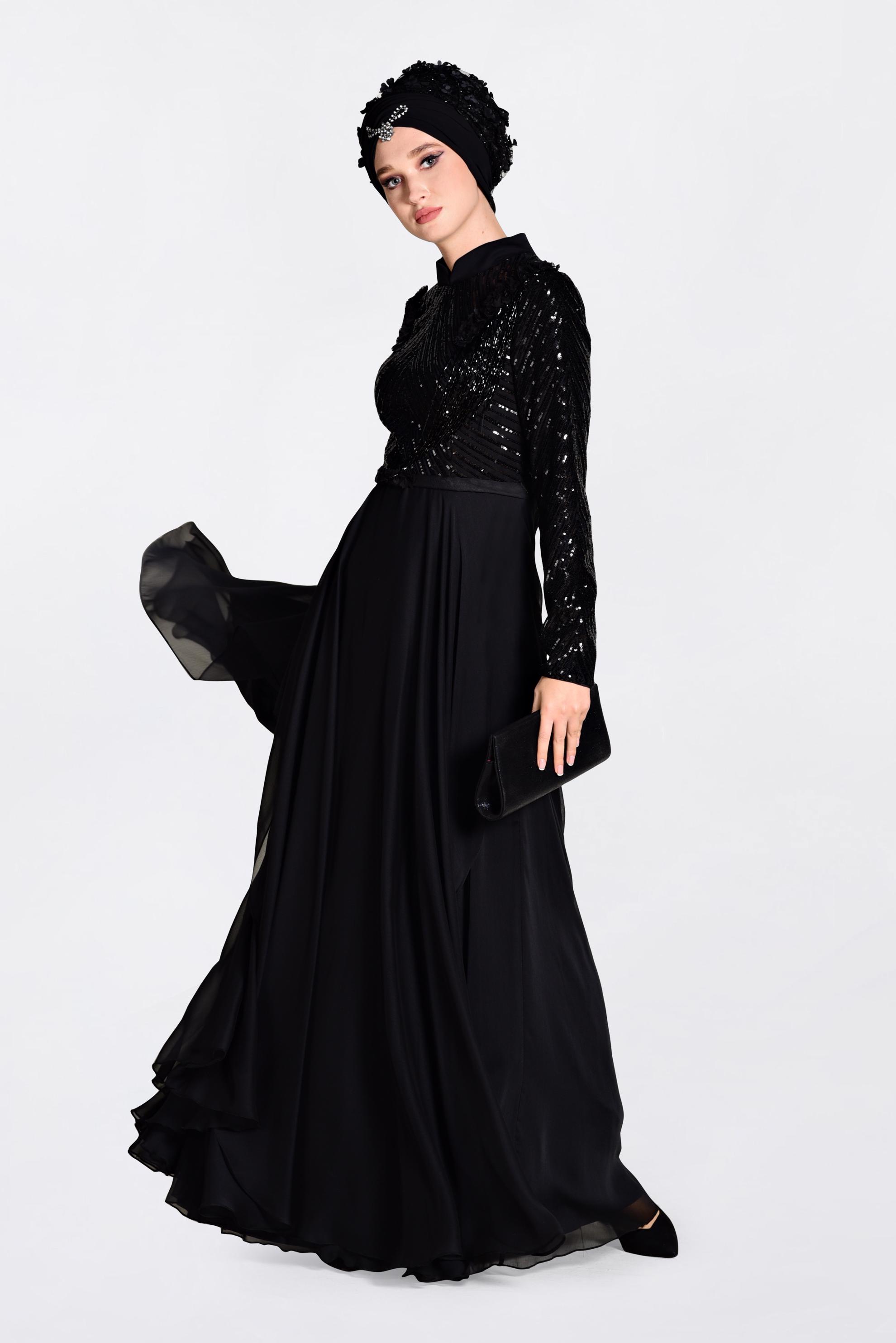 Tesettür giyim SİYAH BONCUK İŞLEMELİ ŞİFON ABİYE ELBİSE 5494