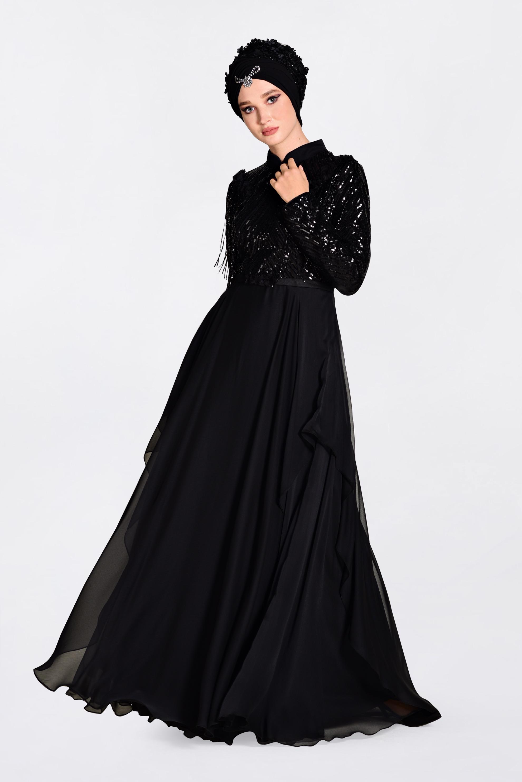 Tesettür giyim SİYAH BONCUK İŞLEMELİ ŞİFON ABİYE ELBİSE 5494