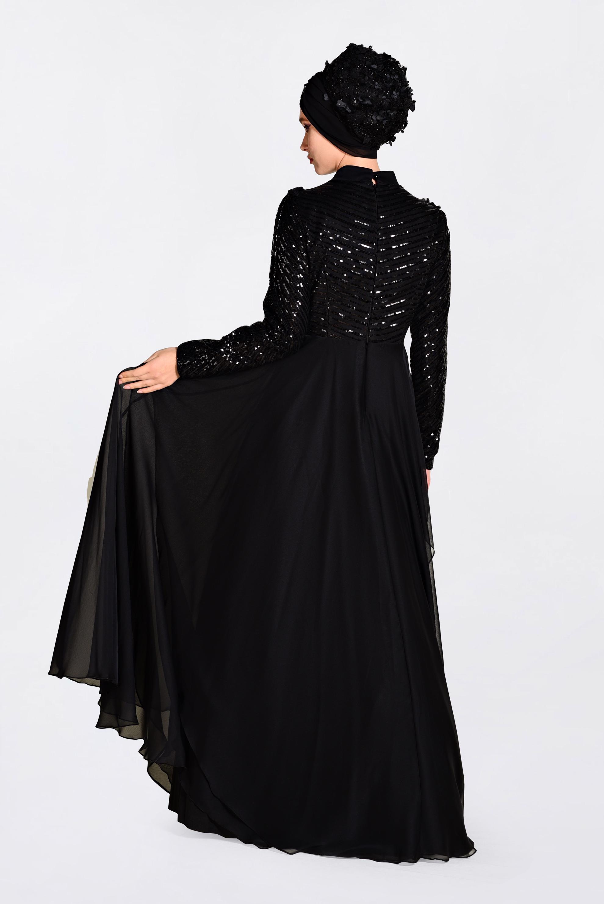 Tesettür giyim SİYAH BONCUK İŞLEMELİ ŞİFON ABİYE ELBİSE 5494