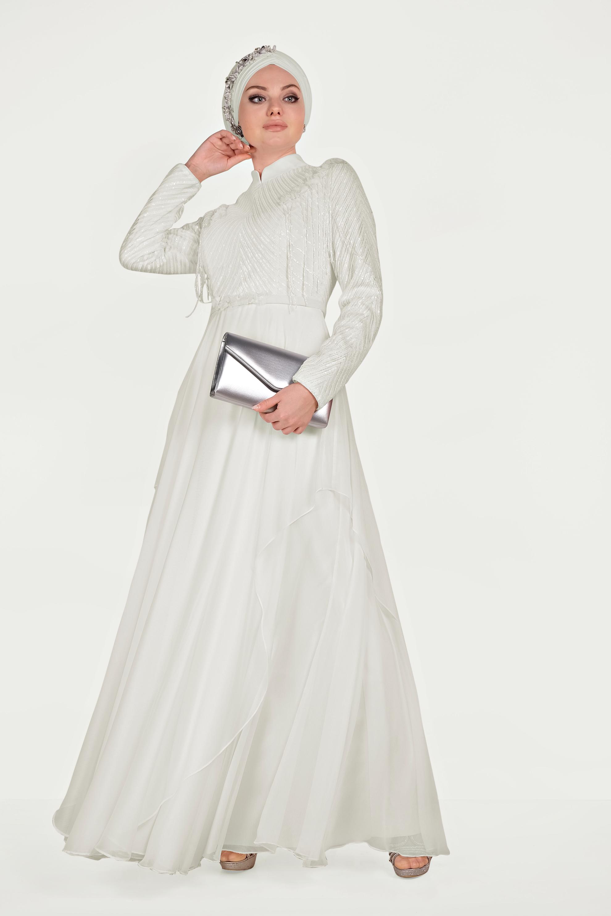 Hijab clothing WHITE BEAD EMBROIDERED CHIFFON EVENING DRESS 5494 