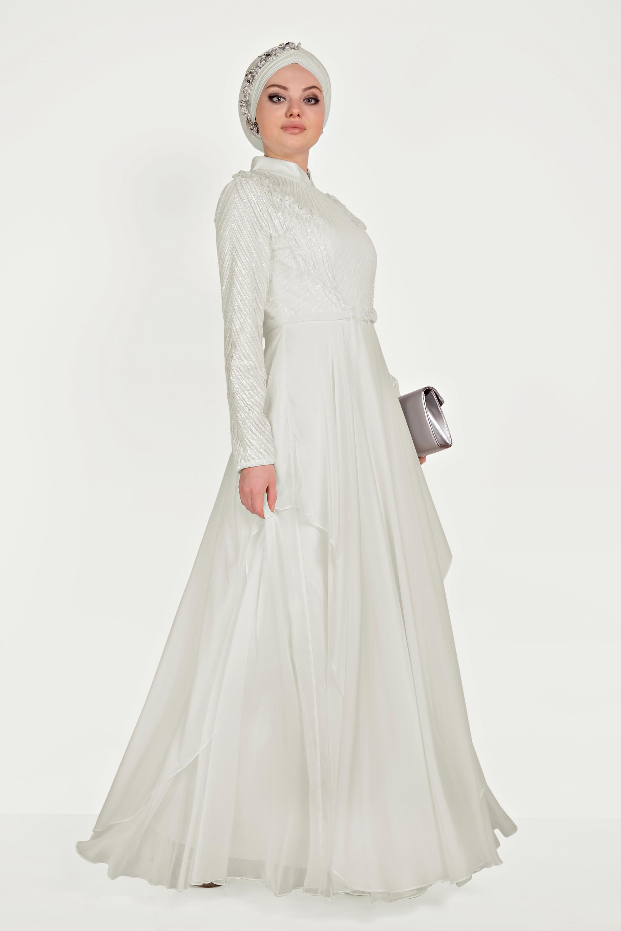 Hijab clothing WHITE BEAD EMBROIDERED CHIFFON EVENING DRESS 5494 