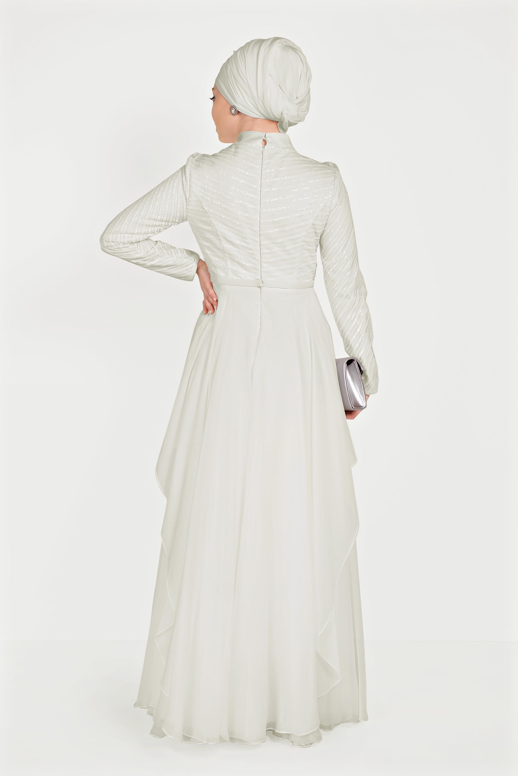 Hijab clothing WHITE BEAD EMBROIDERED CHIFFON EVENING DRESS 5494 