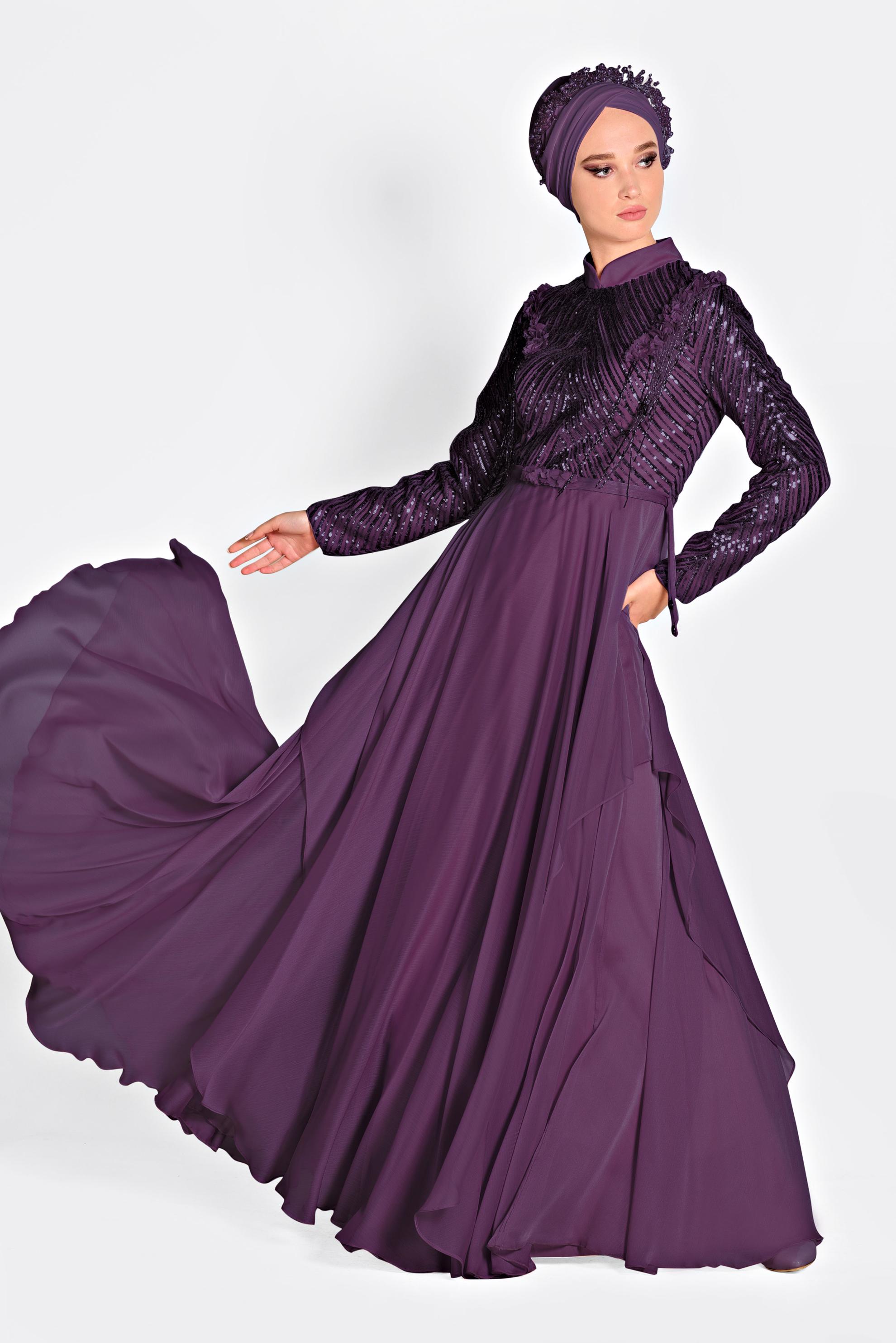 Tesettür giyim MOR BONCUK İŞLEMELİ ŞİFON ABİYE ELBİSE 5494