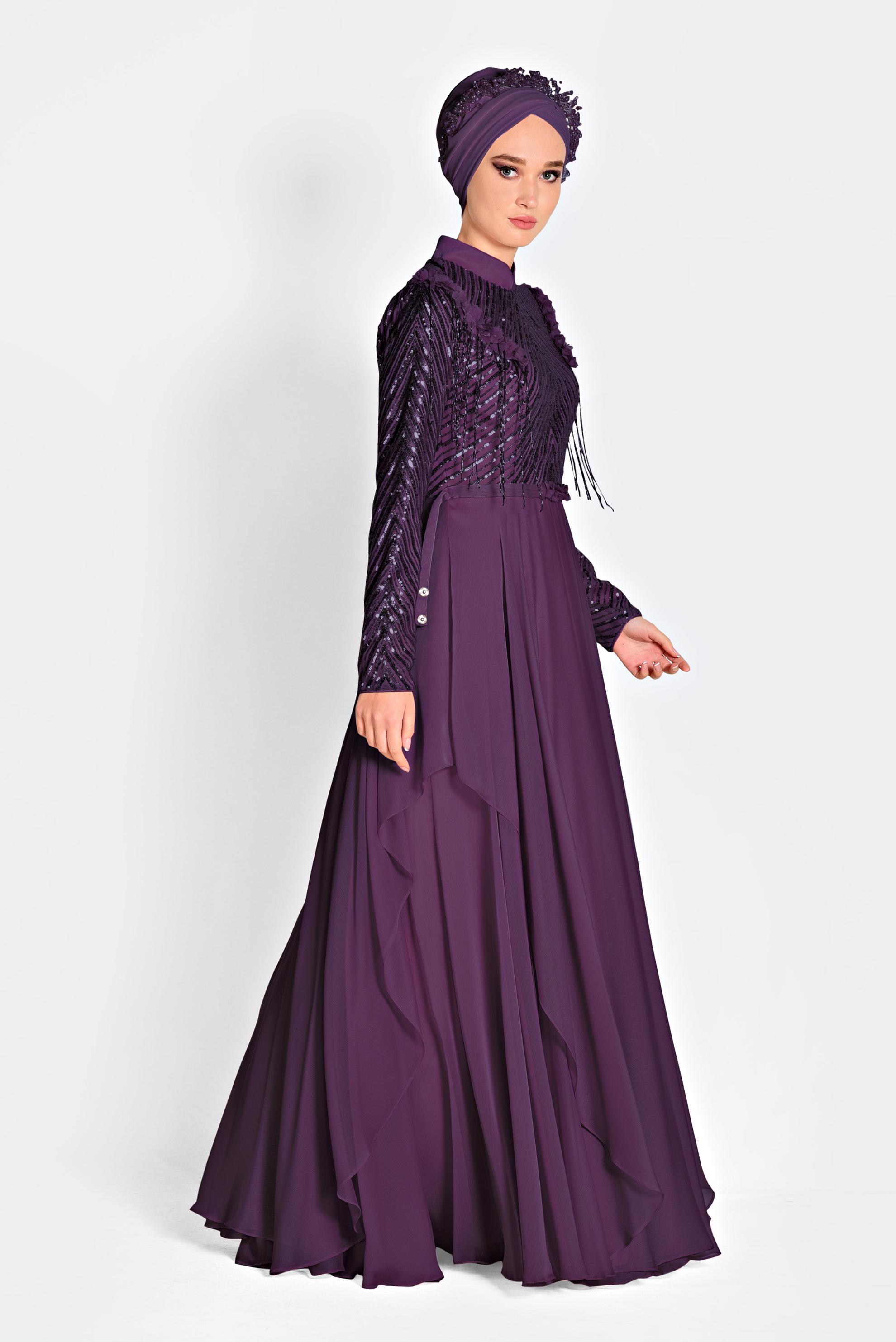 Tesettür giyim MOR BONCUK İŞLEMELİ ŞİFON ABİYE ELBİSE 5494