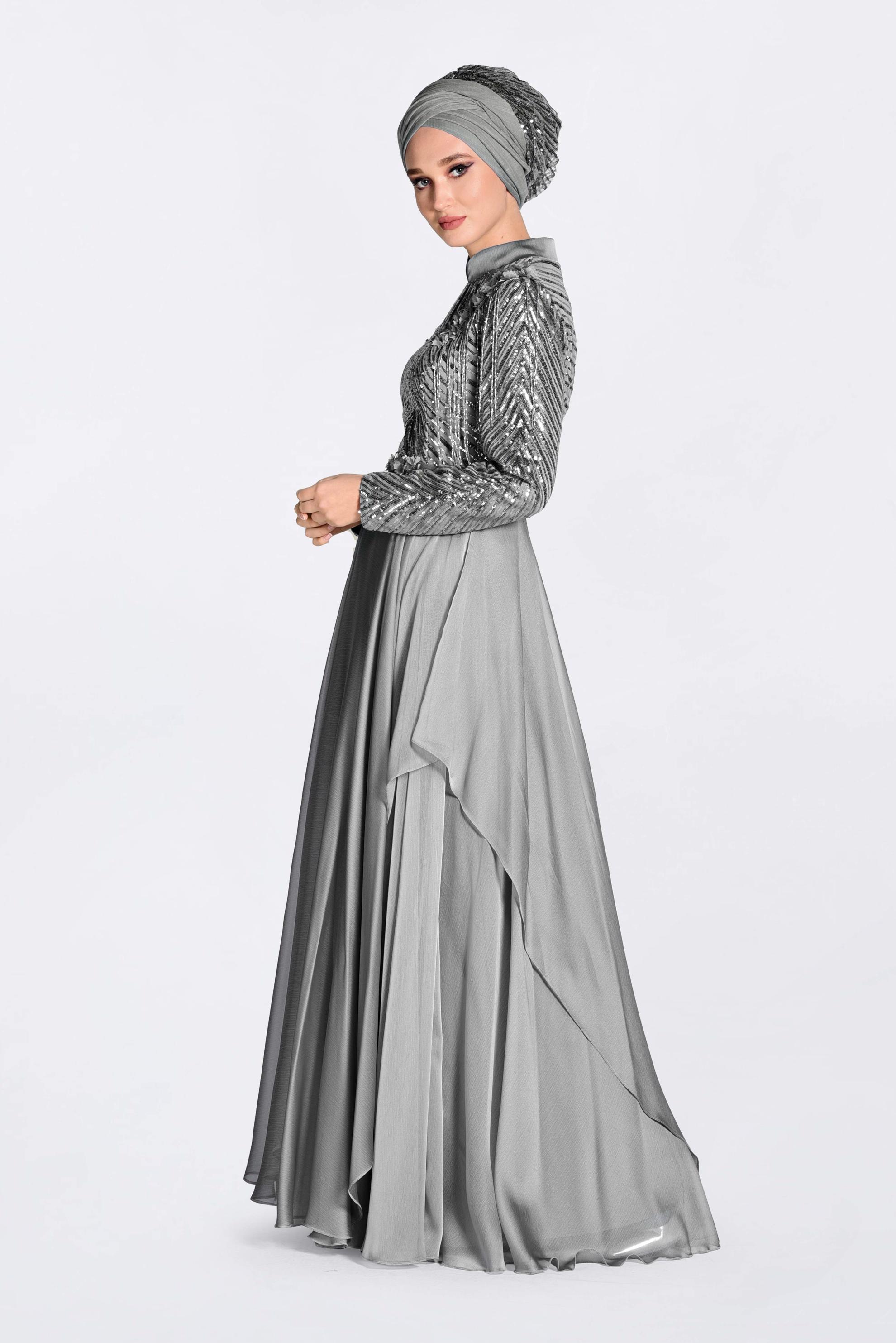 Tesettür giyim GRİ BONCUK İŞLEMELİ ŞİFON ABİYE ELBİSE 5494